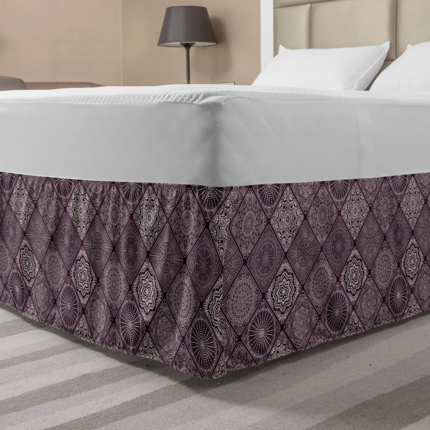 Ambesonne Vintage Oriental Mandala Bedskirt - Queen Size Wrap Around Elastic Bed Skirt with Gathered Design in Eggplant White - Bohemian Bedroom Decor for Master Bedroom, Guest Room & Dorm