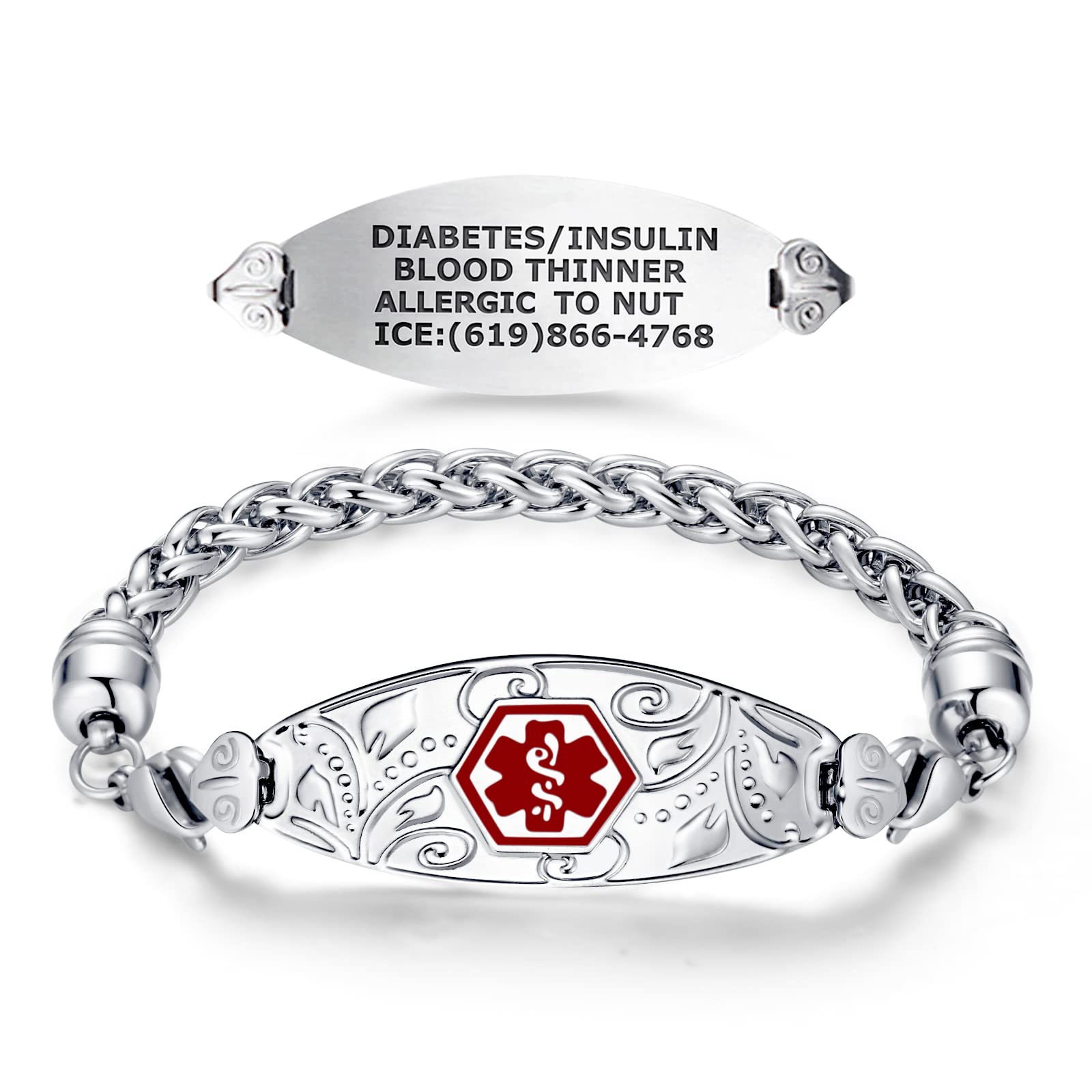 Divoti Custom Engraved Medical Alert Bracelets for Women - Stainless Steel Medical ID Bracelet with Free Engraving - Elegant Filigree Wheat Design - Adjustable Sizing - Perfect for Diabetes, Allergies & Emergency Medical Identification