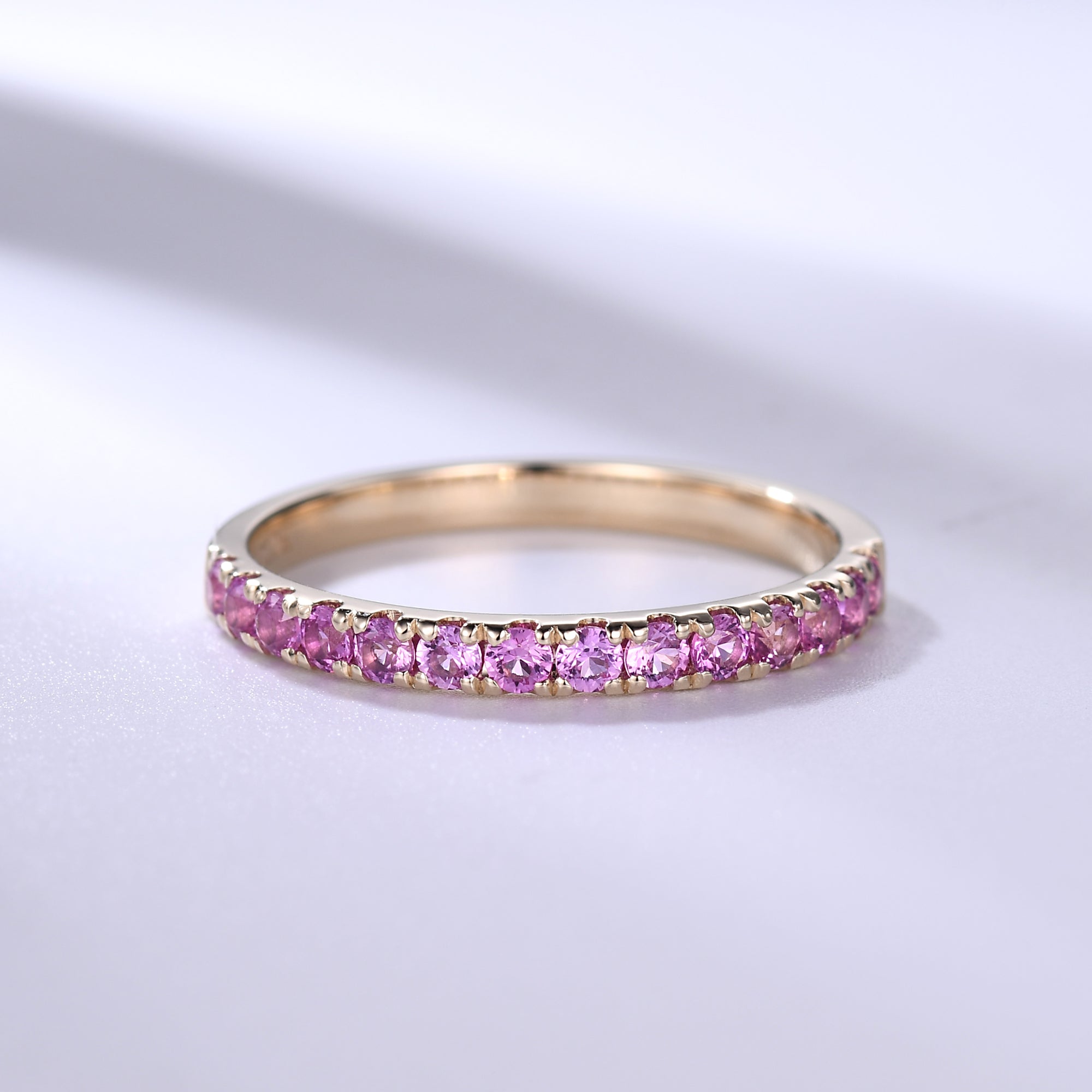Pink Sapphire Wedding Band Ring - 14K Rose Gold Half Eternity Ring with 2mm Pave Diamonds | Elegant Bridal Jewelry for Engagement, Anniversary & Special Occasions