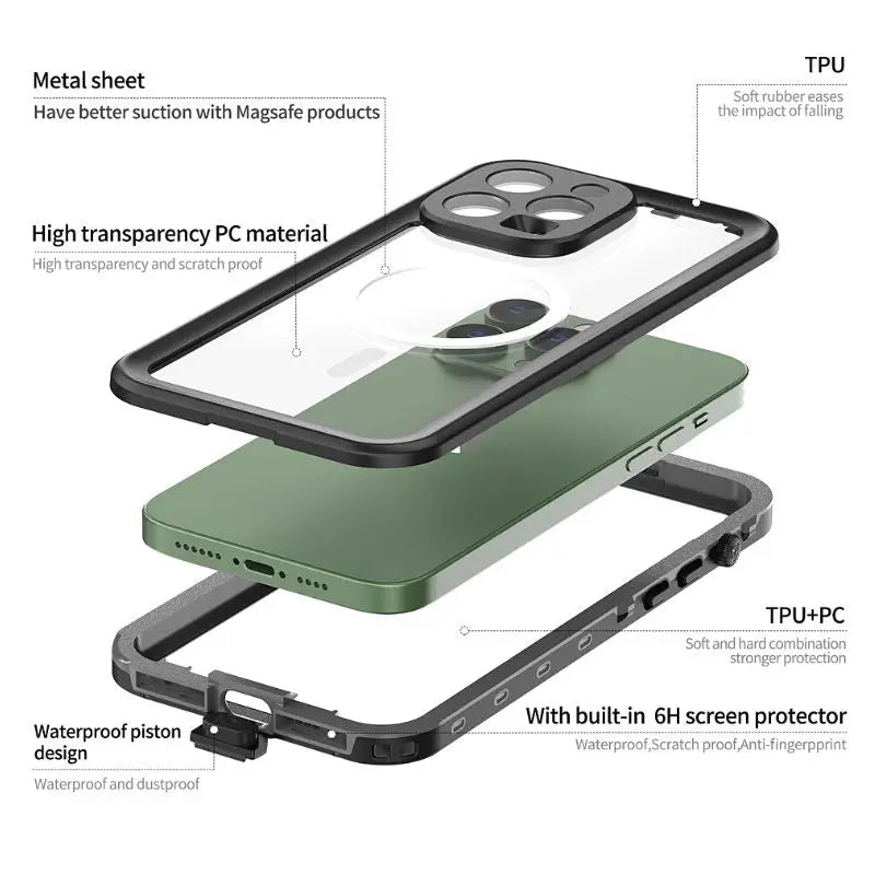 Waterproof iPhone Cases for Apple iPhone 7/8/X/11/12/13/14 Pro Max - Shockproof & Dustproof Protective Cover for Swimming, Hiking & Outdoor Activities