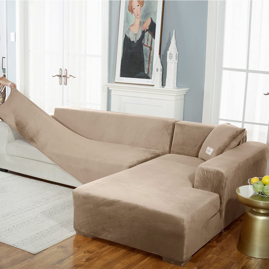 Velvet L-Shaped Sectional Sofa Slipcover - Stretchable Couch Cover for 1/2/3 Seater, Chaise Lounge & Pet-Friendly Furniture Protector (Dark Green, 4+3 Seater) - Perfect for Living Room, Family Room & Pet-Friendly Homes