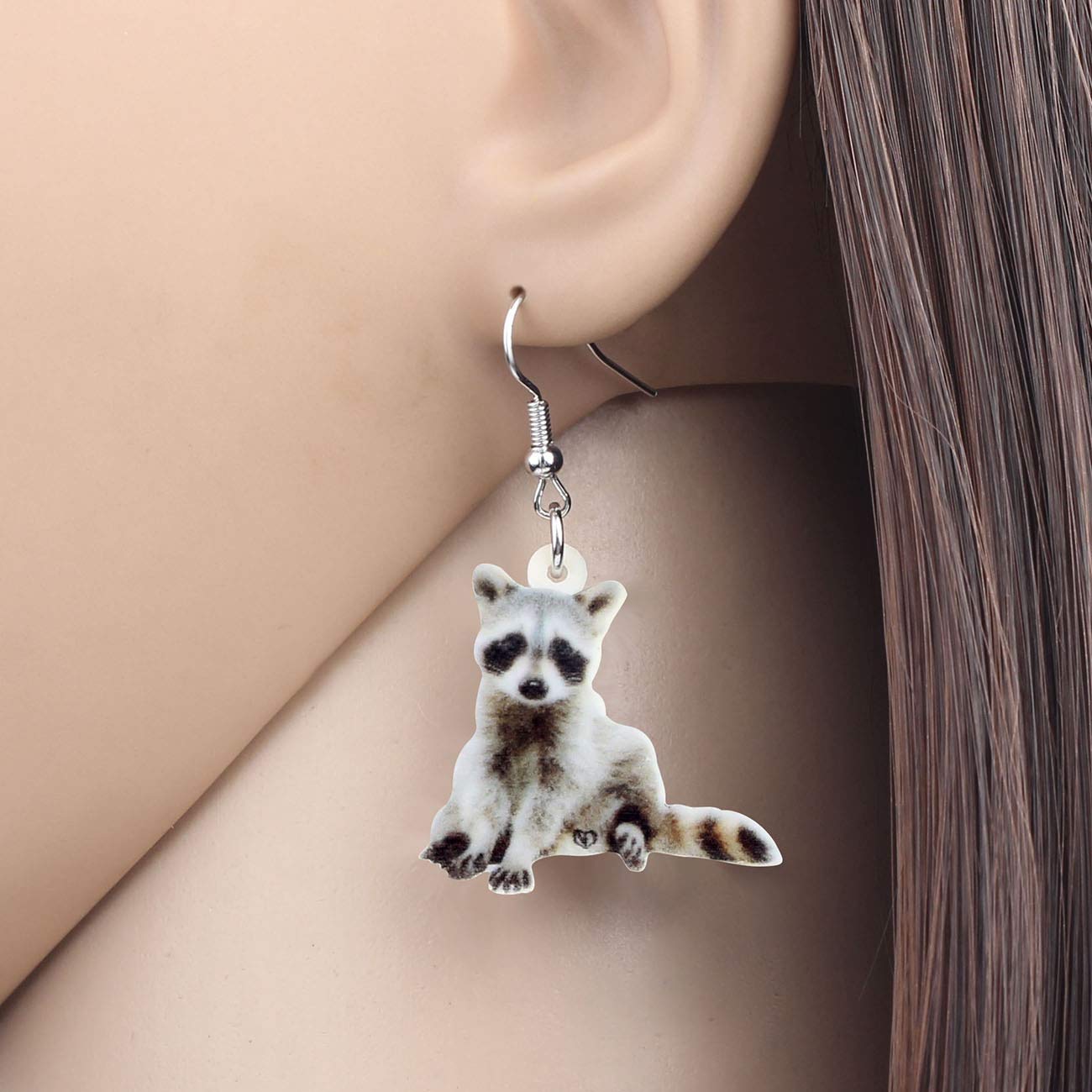 NEWEI Cute Acrylic Grey Raccoon Dangle Earrings for Women - Fun Animal Jewelry Charms, Perfect for Casual Wear, Parties & Gifts