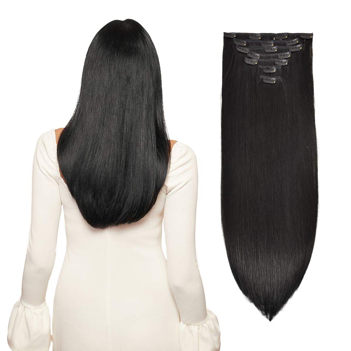 Clip in Hair Extensions 20 Inch Jet Black - 7pcs 120g Real Human Hair Extensions #1 Thickened Straight for Volume & Length | Perfect for Weddings, Parties & Daily Styling