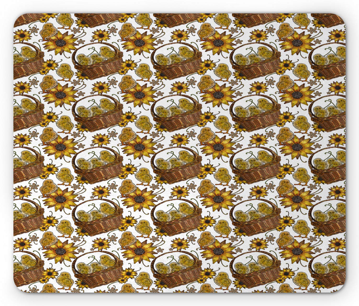 Vintage Yellow Bird Mouse Pad - Non-Slip Rubber Mousepad with Sketch of Little Chickens in Baskets & Flowers, Standard Size Rectangle Desk Accessory for Office, Gaming & Home Computer Use