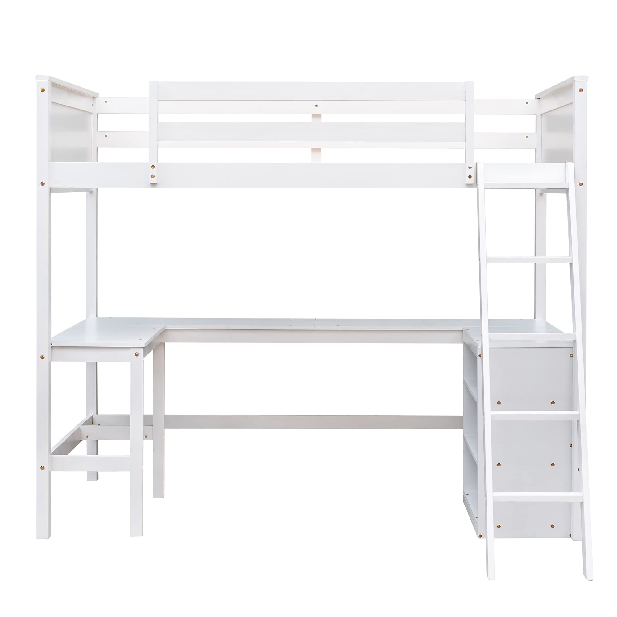 Merax Twin Size Wooden Loft Bed with Desk, Ladder & Shelves - Space-Saving Study & Sleep Solution for Kids & Teens - White