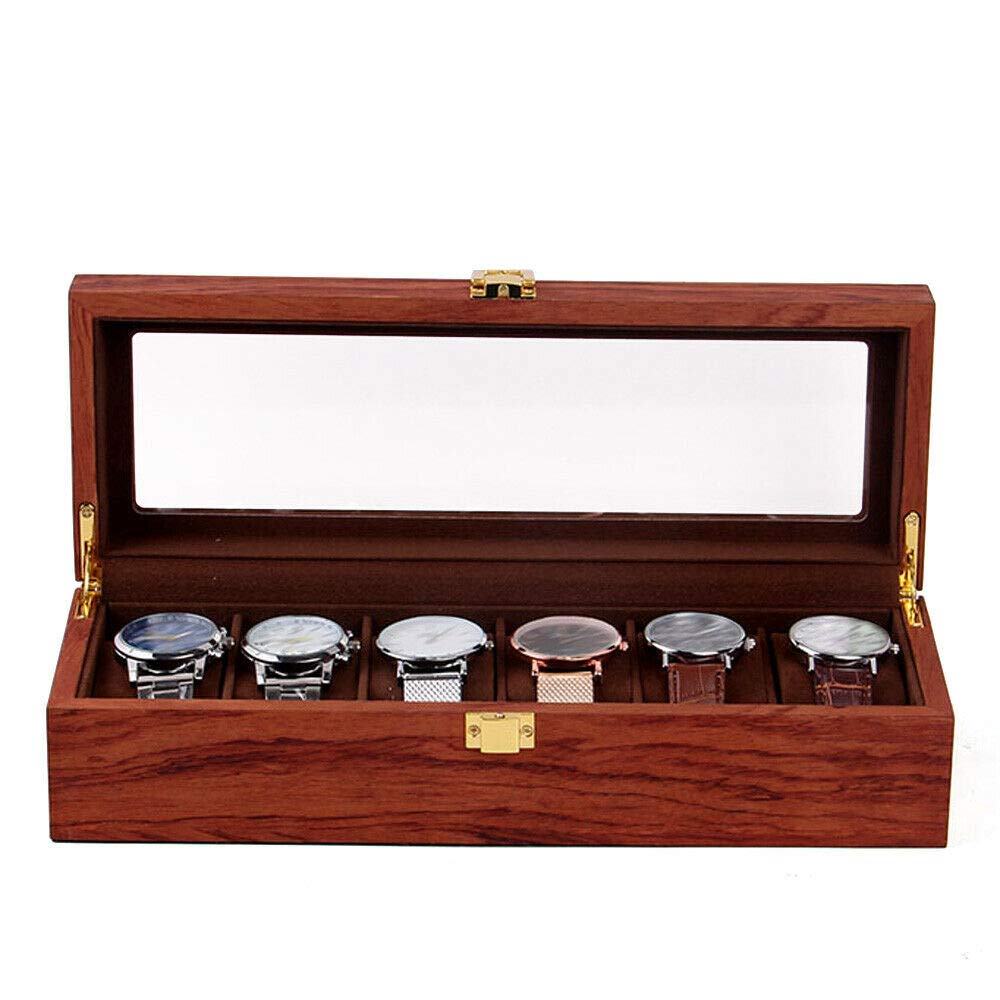 Wooden Watch Box for Men - 6 Grids Rose Wood Grain Watch Organizer & Jewelry Storage for Travel & Display
