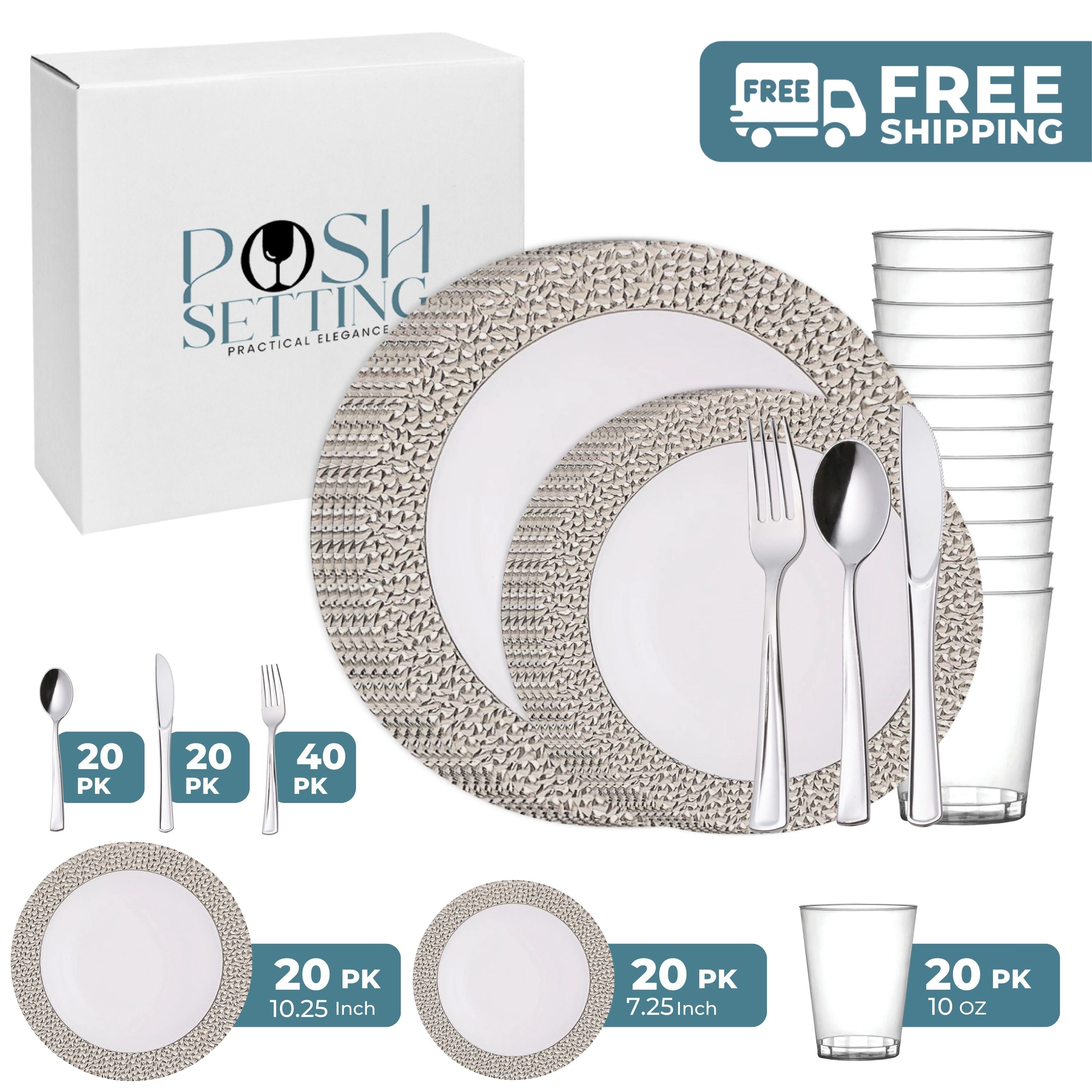 White and Silver Plastic Party Bundle - 50-Pack Disposable Cutlery Set for Birthday, Wedding, Baby Shower & Events - Durable & Elegant Tableware for Parties, Picnics & Gatherings