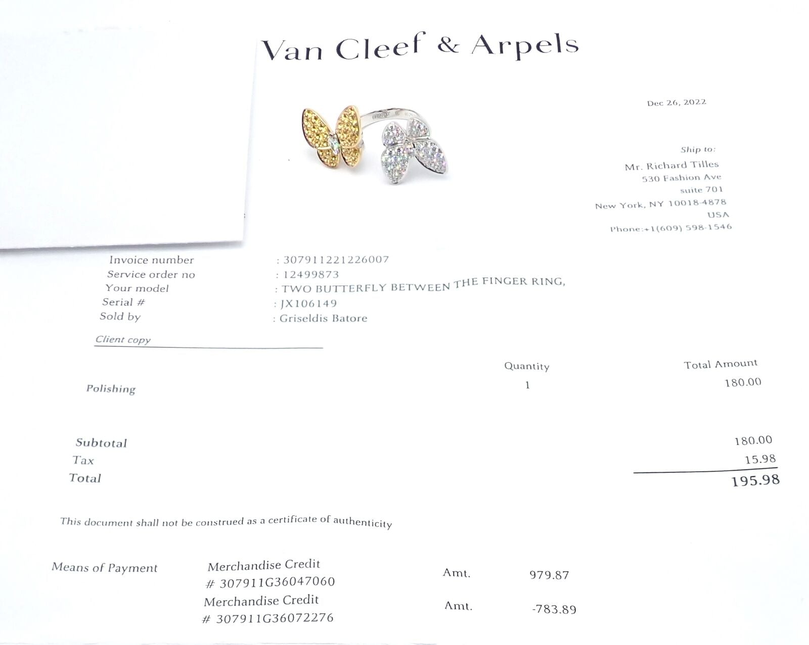Van Cleef & Arpels 18k Gold Diamond Sapphire Two Butterfly Between Finger Ring - Luxury Stackable Ring for Women, Elegant Jewelry Gift for Anniversary & Special Occasions