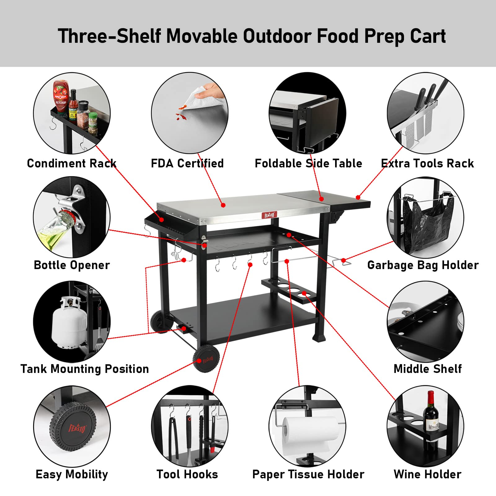 Stainless Steel Outdoor Grill Table Cart with Wheels - 40