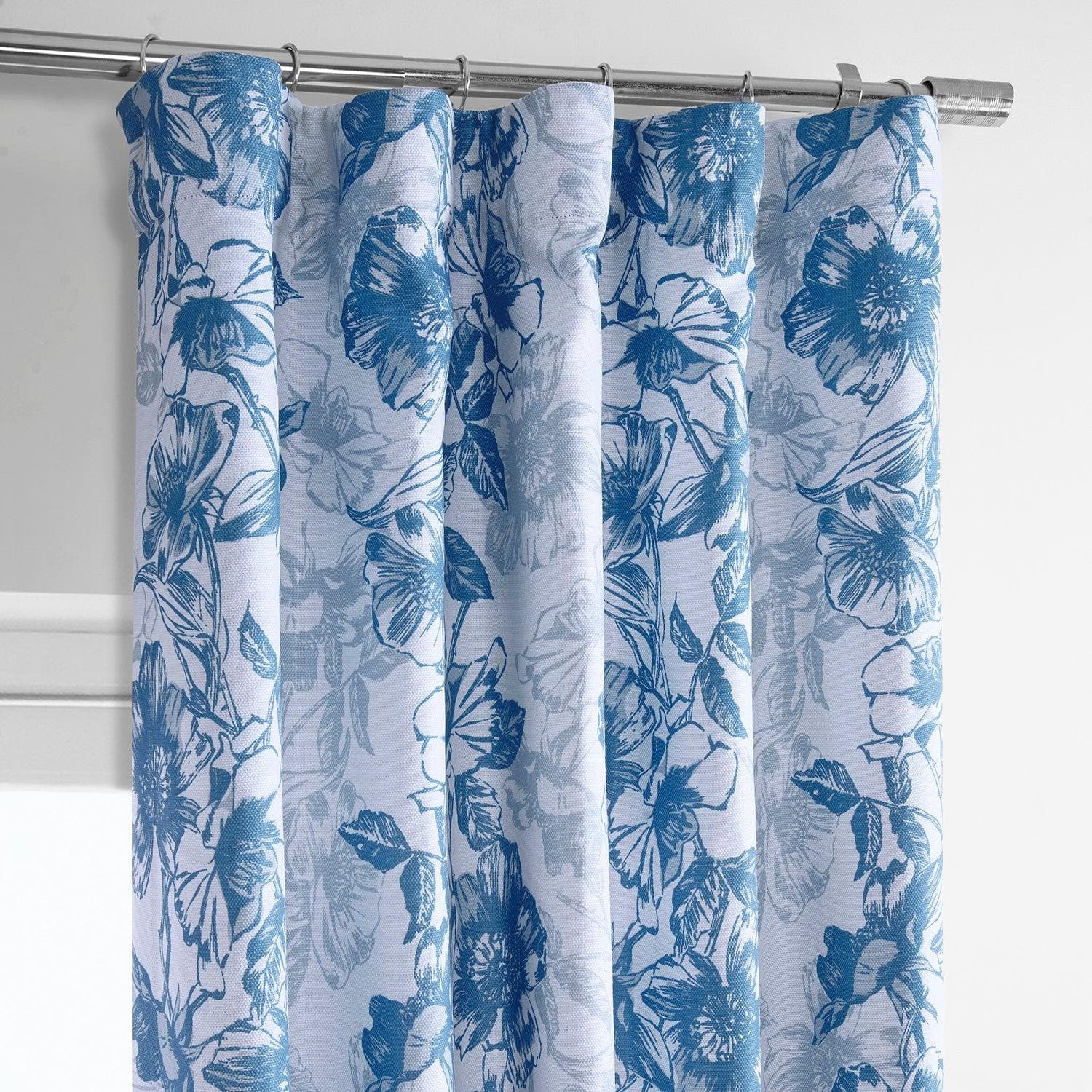 Blue Poppy Floral Printed Faux Linen Blackout Curtains for Bedroom & Living Room - Light Blocking Window Drapes for Home Decor
