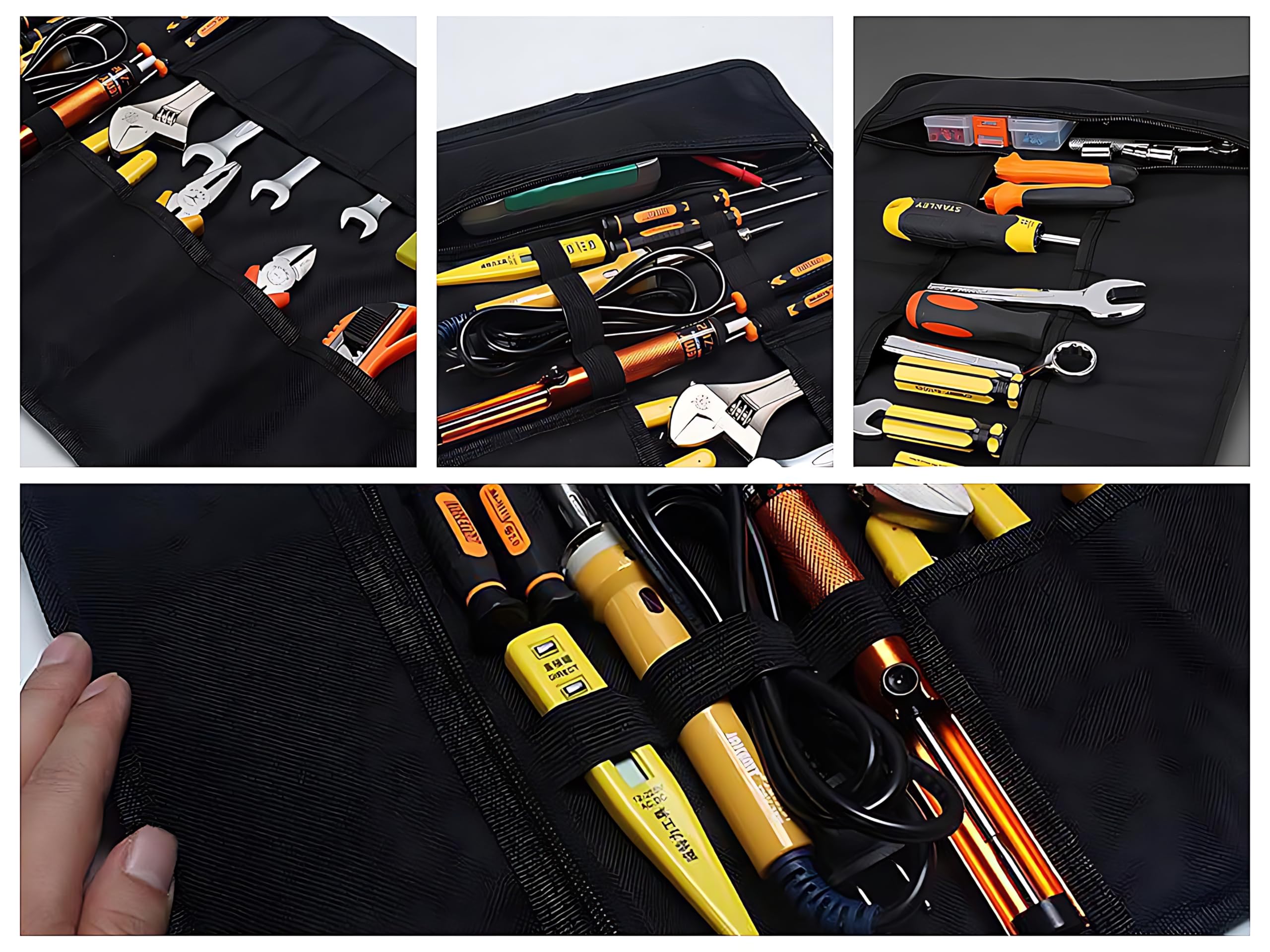 Heavy-Duty Rolling Tool Bag for Motorcycle & Car - Black with Handle & Elastic Rope - Thickened Abrasion-Resistant Oxford Fabric for Electricians, Wrenches & Screwdrivers - Perfect for Roadside Repairs & Professional Tool Storage