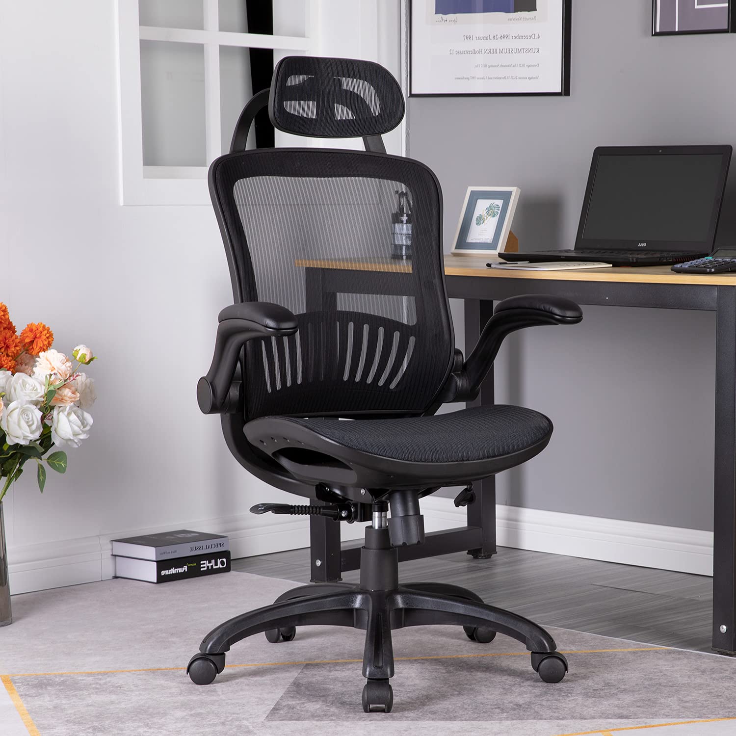 Ergonomic Office Chair with Lumbar Support & Headrest - Adjustable High Back Mesh Computer Desk Chair with Flip-Up Arms for Men & Women - Ideal for Home Office, Gaming & Workspaces - Black