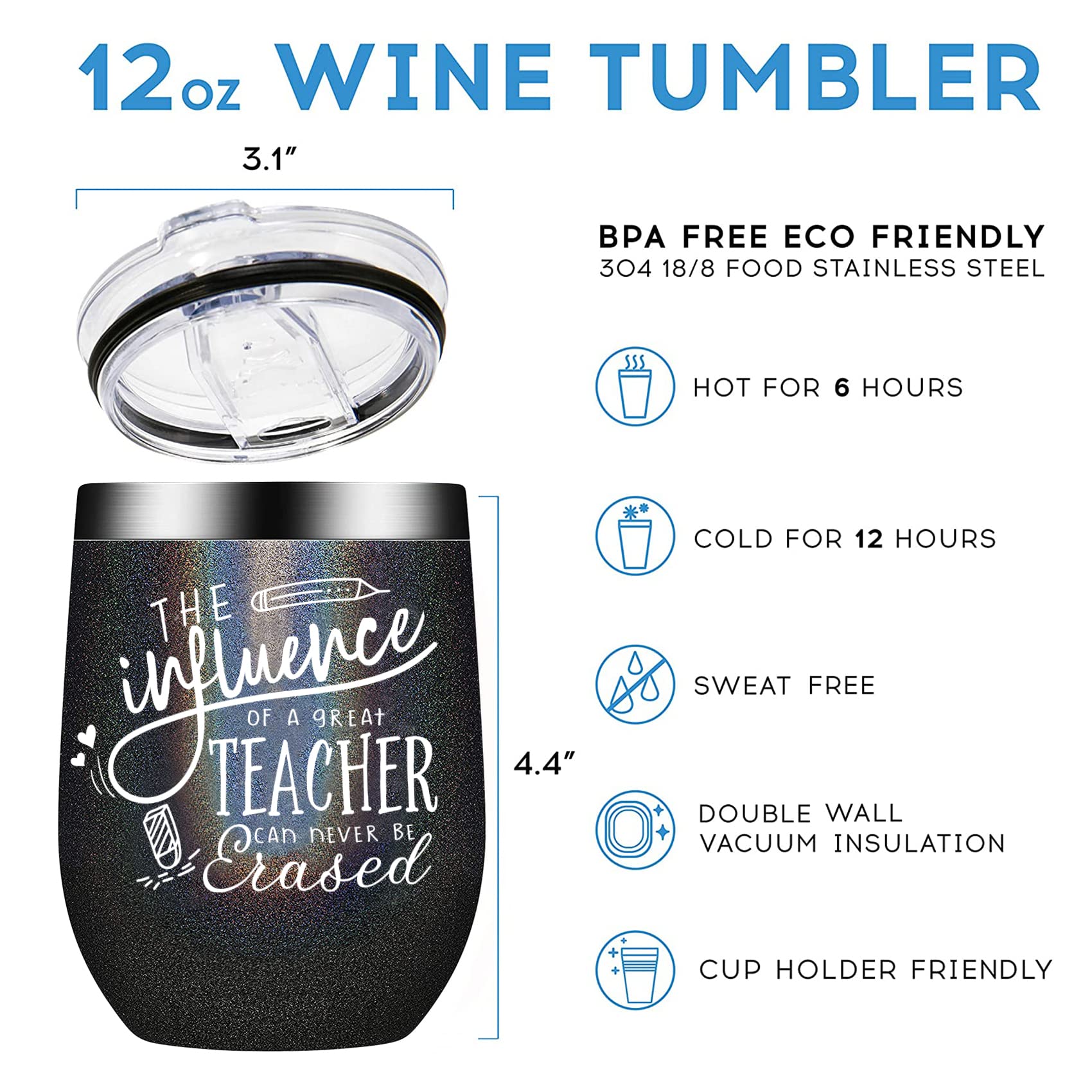 ELEGANTPARK 12oz Insulated Wine Tumbler with Lid & Straw - Perfect Teacher Gift for Women & Men, Great for Appreciation, Birthday, Christmas, Graduation - Ideal for Classroom, Office & Outdoor Use (Black)