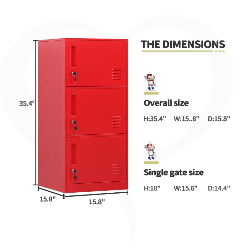3-Door Metal Vertical Storage Locker for Kids Bedroom - Stackable Steel Cabinet for Toys, Sports Equipment & School Supplies with Anti-Tip Safety Device (Red) - Perfect for Home, Office & Classroom Organization
