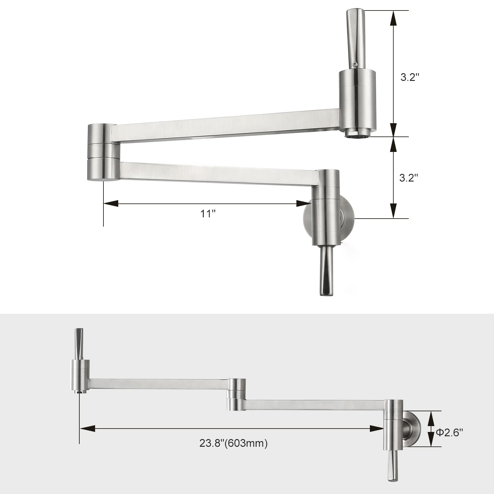 WOWOW Brass Pot Filler Faucet - Wall Mount Kitchen Sink Faucet with Folding Stretchable Double Joint Swing Arm in Brushed Nickel - Perfect for Cooking, Filling Large Pots & Easy Kitchen Cleanup