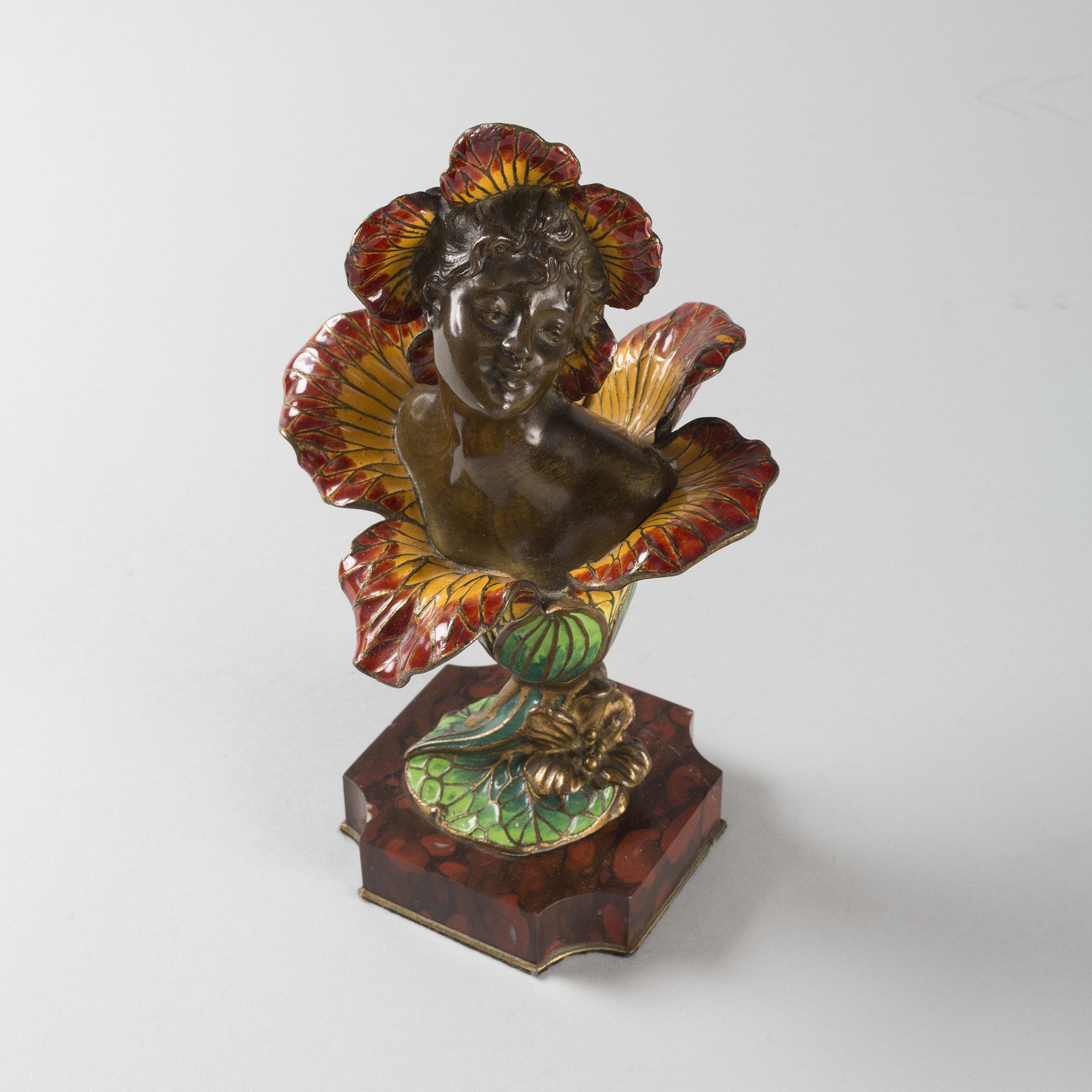 Henri Godet Enameled Bronze Femme Fleur Sculpture - Elegant French Art Deco Flower Woman Statue for Home Decor, Office & Garden