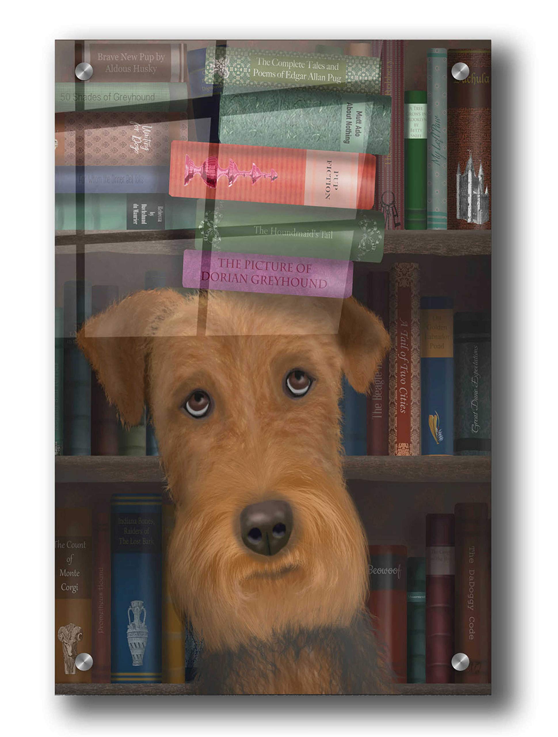 Fab Funky 'Airedale and Books' Acrylic Glass Wall Art - 24x36 Inch Modern Home Decor - Perfect for Living Room, Bedroom or Office Decorations
