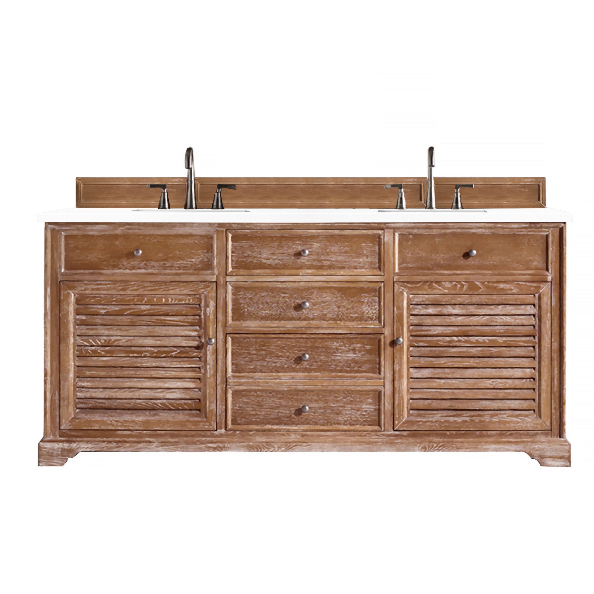 Savannah 72 Inch Double Vanity Cabinet in Driftwood Finish with 3CM Classic White Quartz Top - Perfect for Master Bathroom Renovation & Modern Home Decor