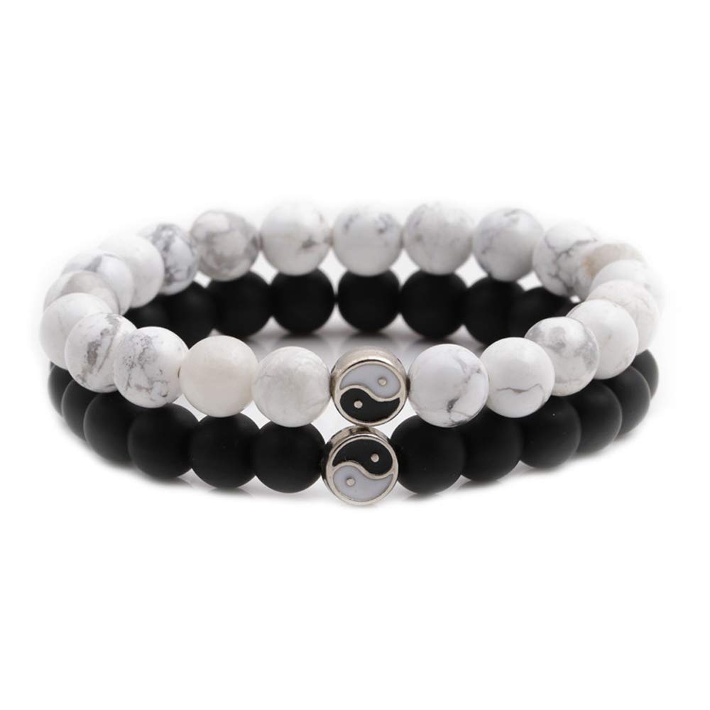 Yin Yang Feng Shui Bracelet for Men & Women - Natural White Turquoise & Black Beaded Couple Bracelet - Friendship & Long Distance Relationship Jewelry - Perfect for Meditation, Yoga & Spiritual Gifts