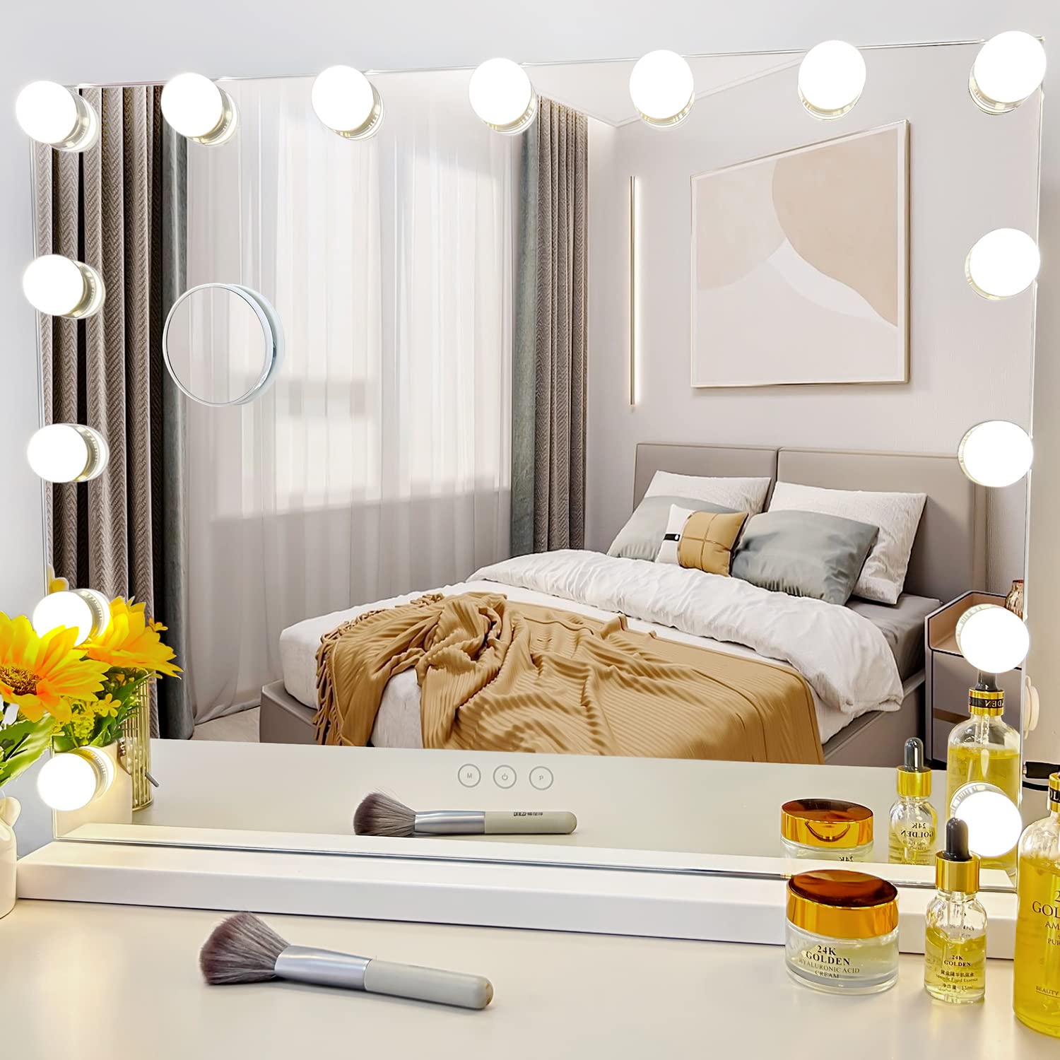 Vanity Mirror with Lights - 15 Dimmable LED Bulbs, 3 Color Lighting Modes, 10x Magnification & 360° Rotation for Makeup & Skincare | Perfect for Dressing Room, Bedroom & Bathroom (Off White)