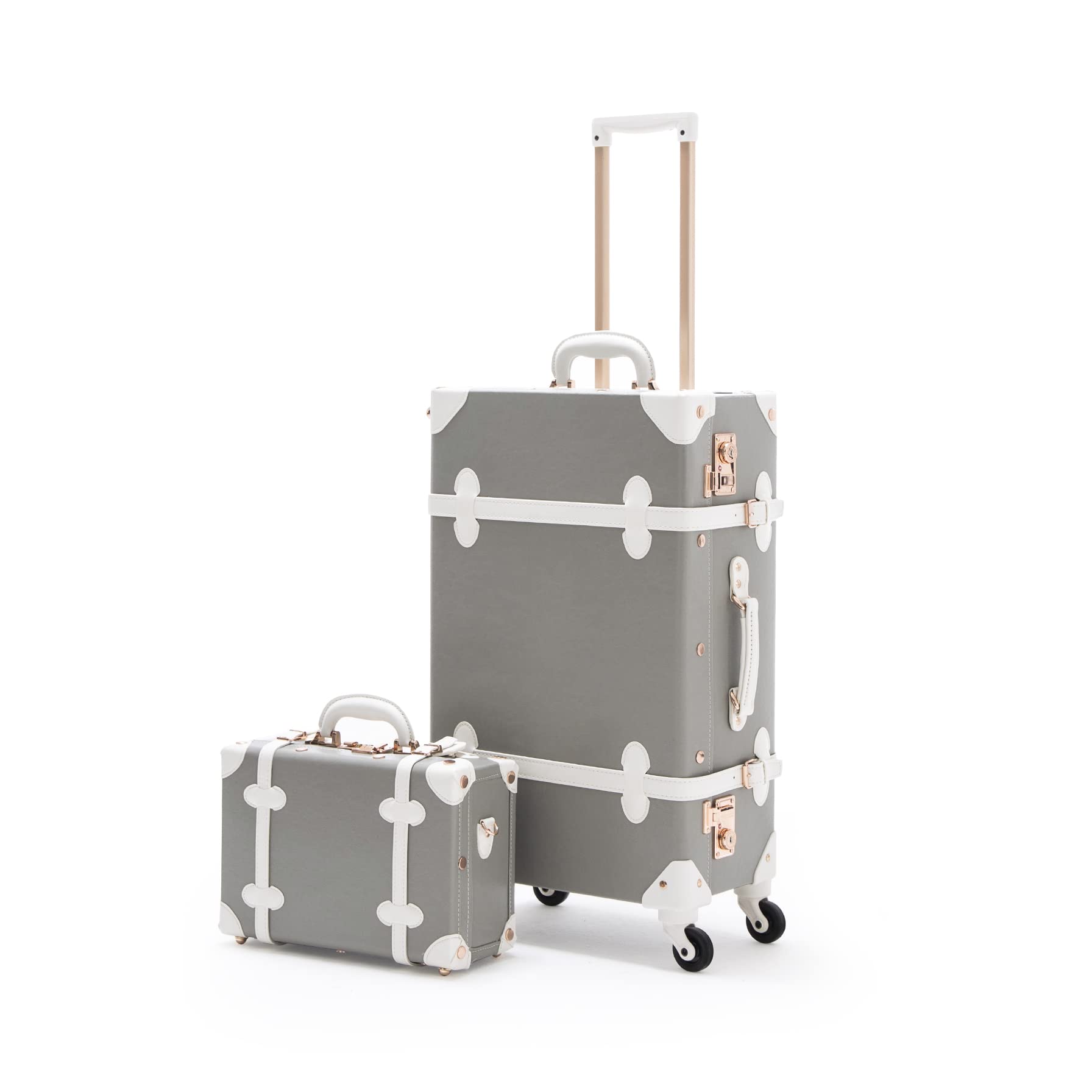 Vintage Luggage Set for Women - 2-Piece Cute Checked Spinner Suitcase in Light Grey | Perfect for Travel, Vacation & Business Trips