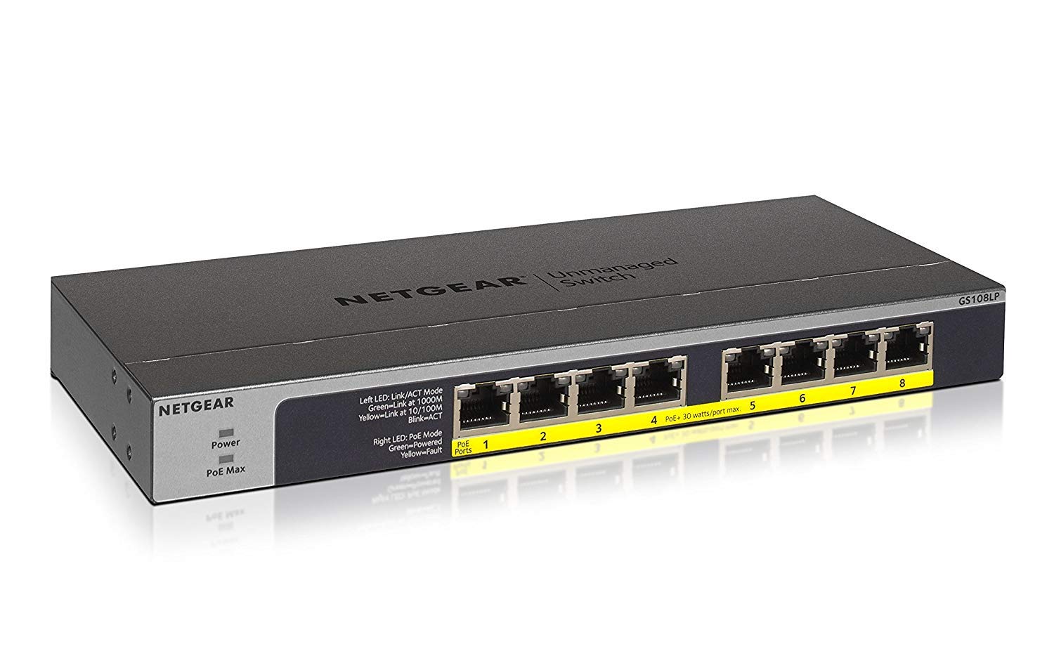 Netgear GS108LP 8-Port Gigabit Ethernet Switch (10/100/1000 Mbps) - Unmanaged, 1U Rack Mount, Power over Ethernet (PoE) Support - Ideal for Home Office & Small Business Network Setup