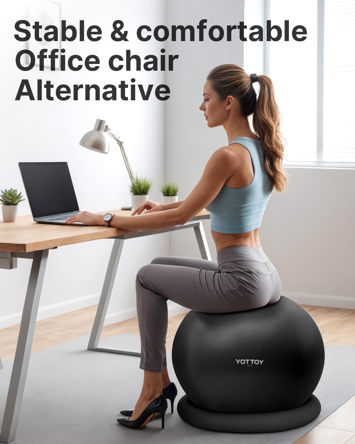 YOTTOY Exercise Ball Chair with Base - Yoga Stability Ball Chair for Home & Office Desk, Fitness Ball Seat with Pump (Black, 23-26 inches/58-65cm) - Perfect for Ergonomic Sitting, Yoga & Workout at Home or Office