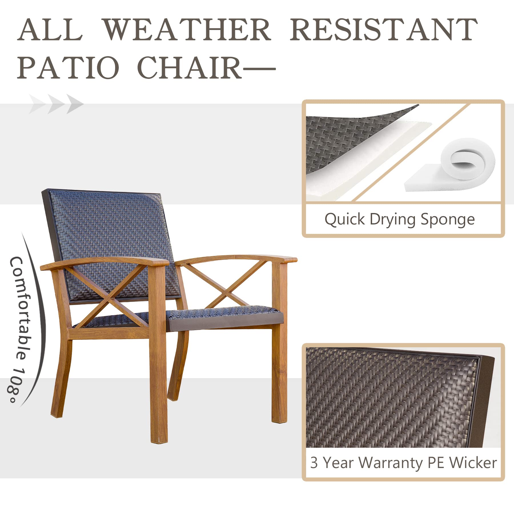 Domi 3-Piece Patio Bistro Set - Wood Grain Aluminum Wicker Outdoor Furniture with Padded Chairs & Coffee Table, Beige Waterproof Cushions - Perfect for Porch, Garden, Balcony & Backyard Relaxation