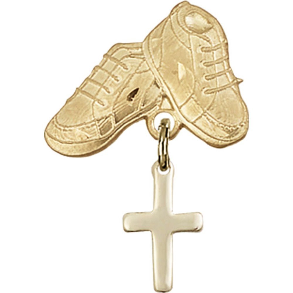 Gold Filled Baby Badge with Cross Charm & Baby Boots Pin - 1 X 5/8 Inch Christian Jewelry for Christening, Baptism Gifts & Newborn Keepsakes