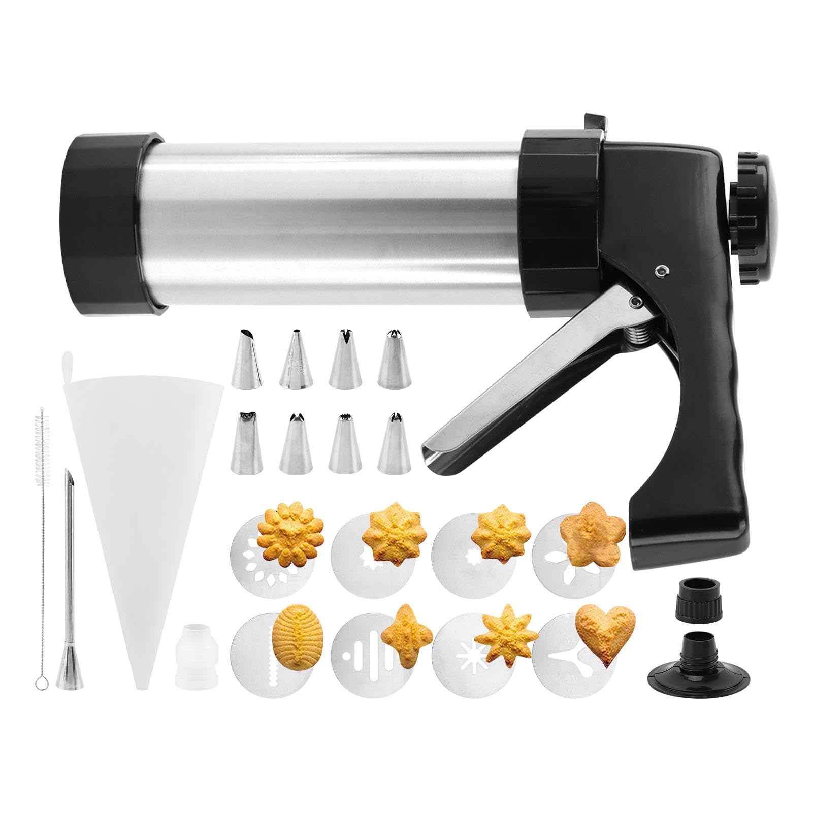 Stainless Steel Churro Maker Machine with 8 Decorating Tips & 8 Cookie Discs - Professional Churrera and Piping Bag Kit for Homemade Churros, Cookies (Black & Silver) - Perfect for Parties, Bakeries, and Home Baking