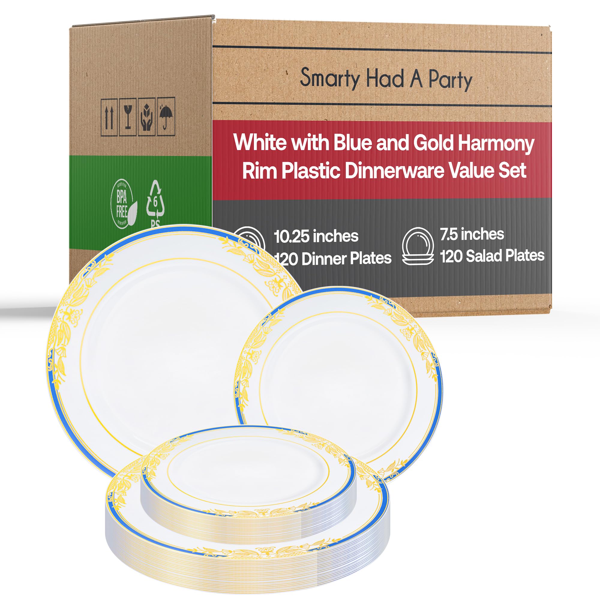 Elegant Disposable Plastic Dinnerware Sets for Weddings & Special Events - Heavy Duty Fancy Design Plates (120-Piece Combo Set, White with Blue & Gold) - Perfect for Wedding Receptions, Birthday Parties, and Formal Gatherings