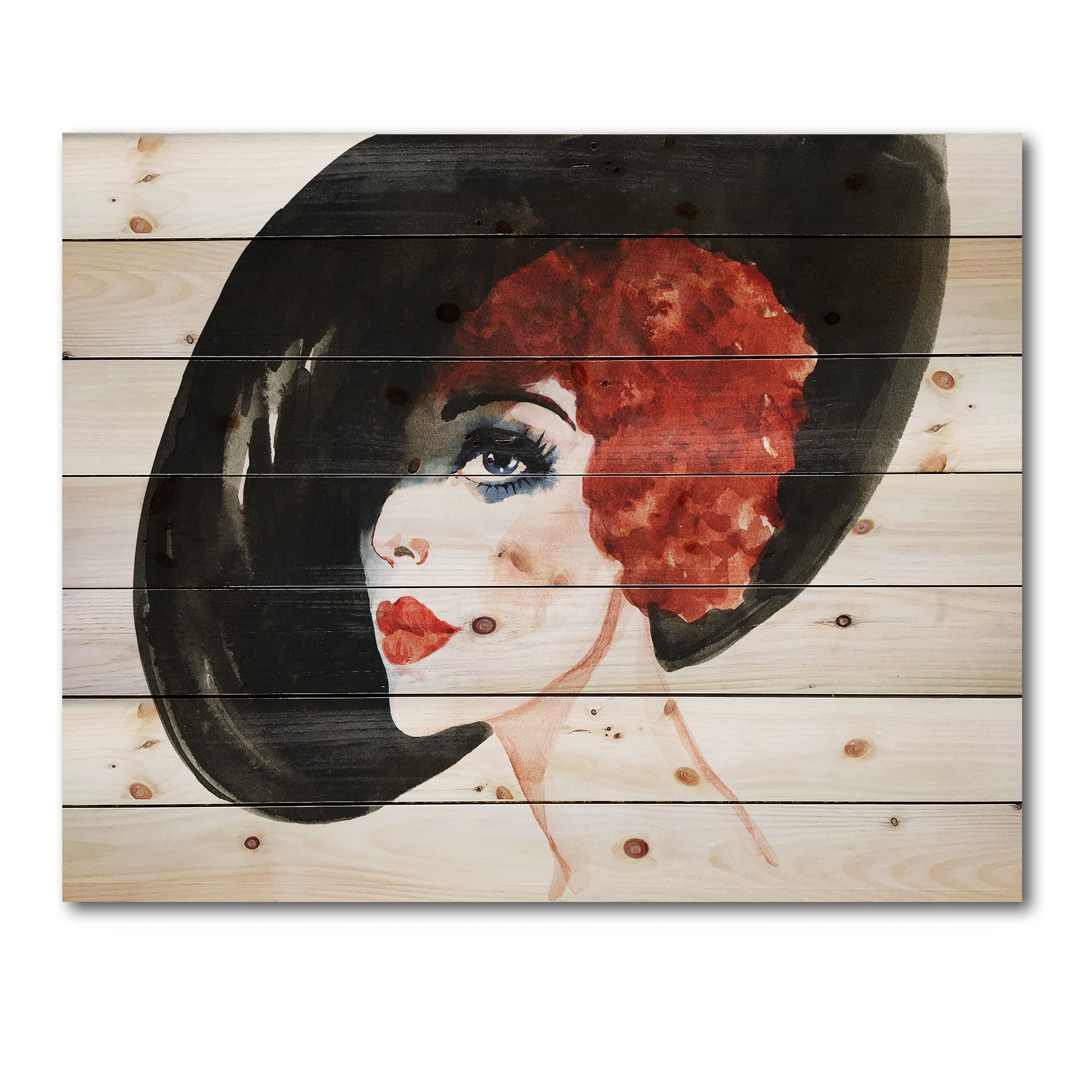 Red Head Lady Portrait Wood Wall Art - Modern Orange Decor for Living Room
