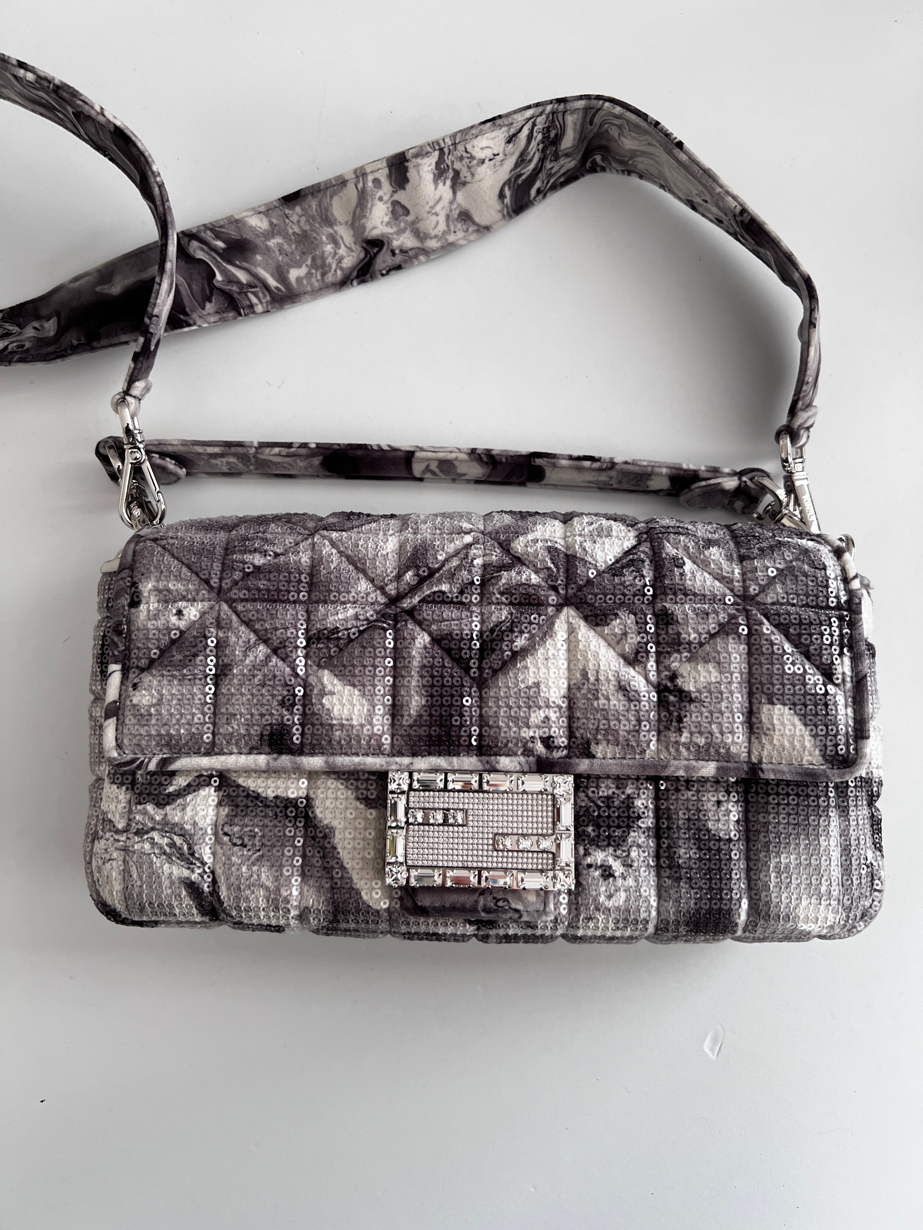 Fendi Marble Print Sequin Magnetic Buckle Baguette Bag - Stylish Clutch for Evening Parties, Weddings & Special Occasions