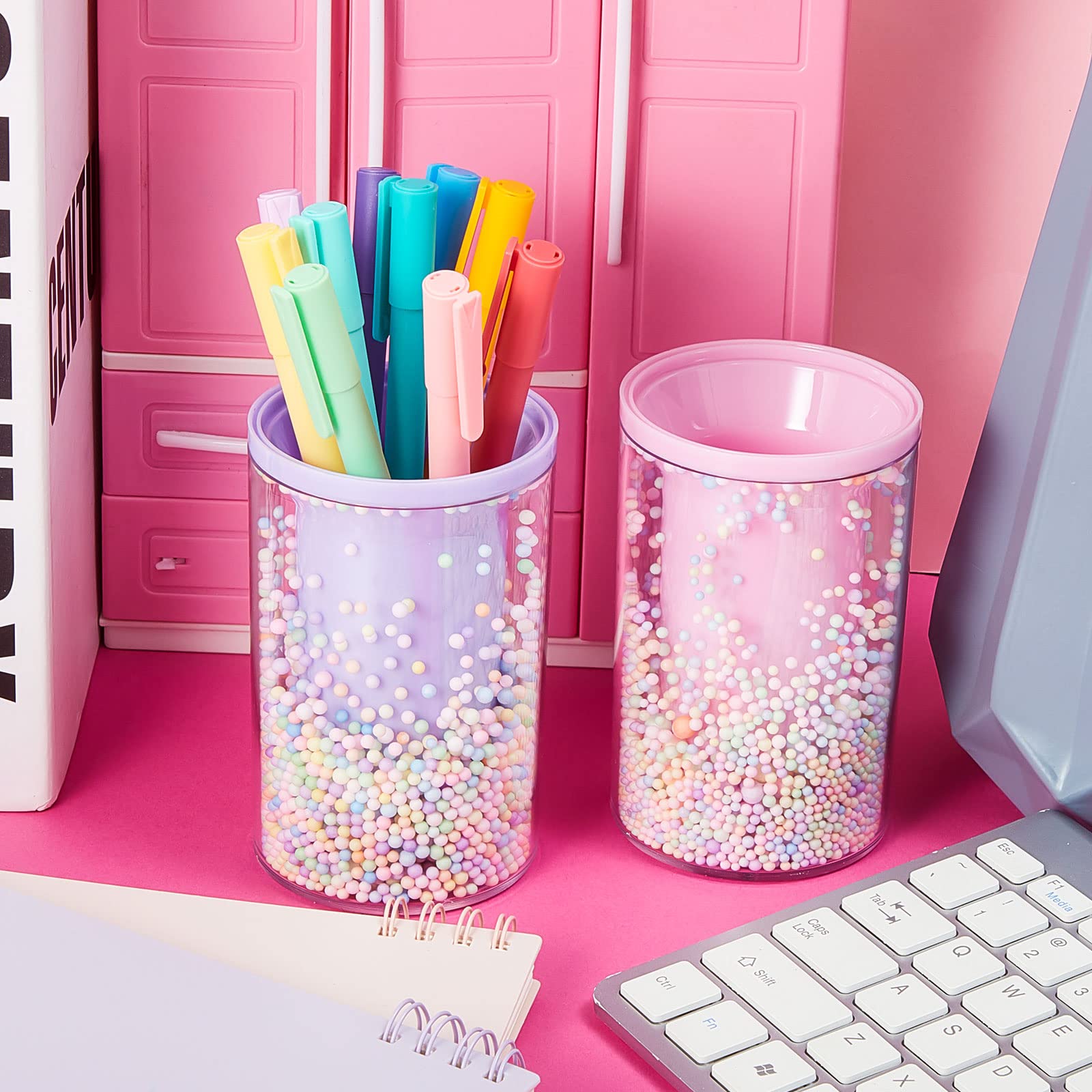 Jecery 2-Piece Cute Bubble Pen Holder Set - Multifunctional Desktop Organizer for Stationery, Makeup Brushes & Office Supplies - Pink and Purple Color Ball Pencil Holder - Perfect for Desk, Office, School & Home Organization
