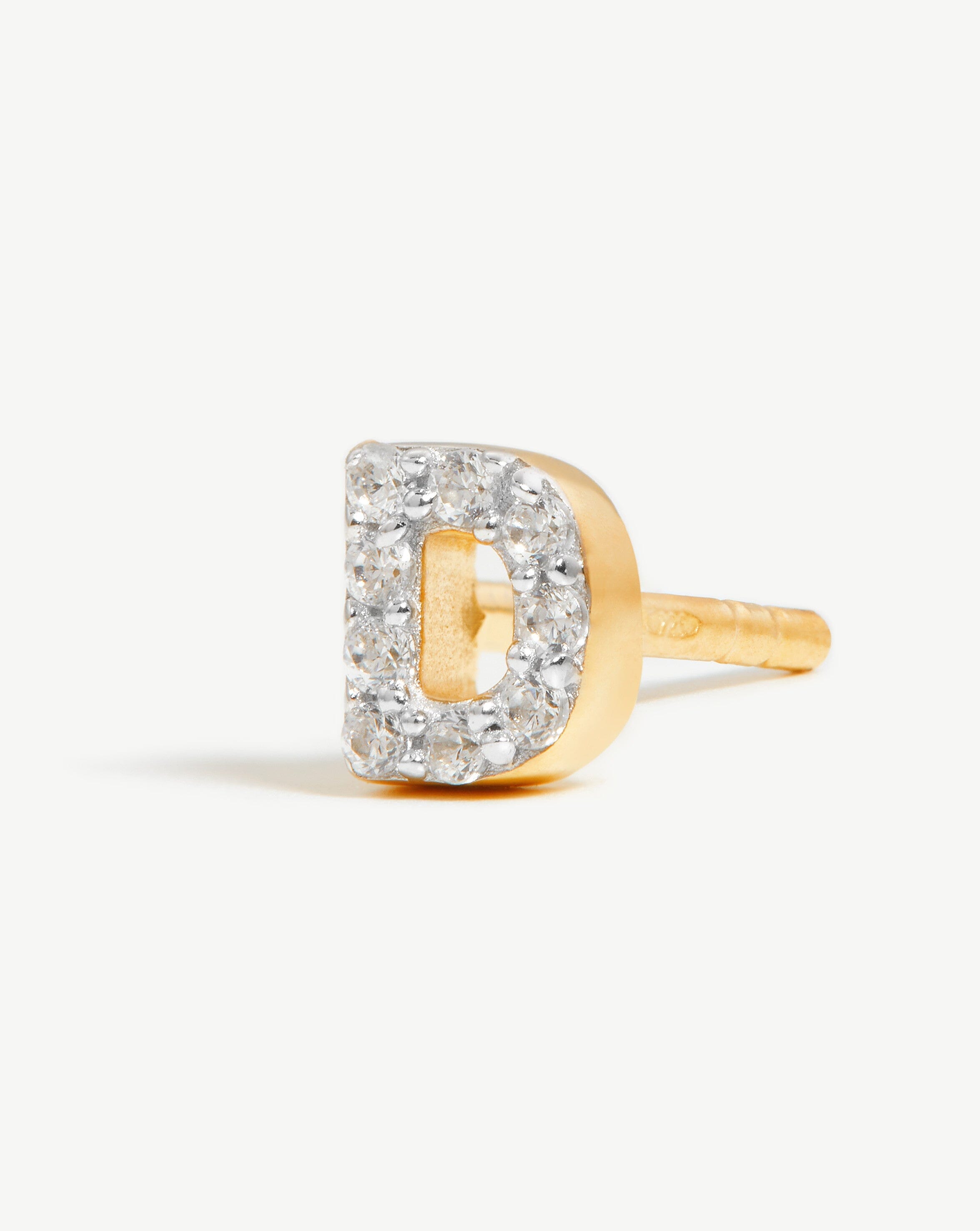 Pave Initial D Single Stud Earrings for Women - 18k Gold Vermeil & Cubic Zirconia Monogram Jewelry - Perfect for Gifts, Everyday Wear & Special Occasions