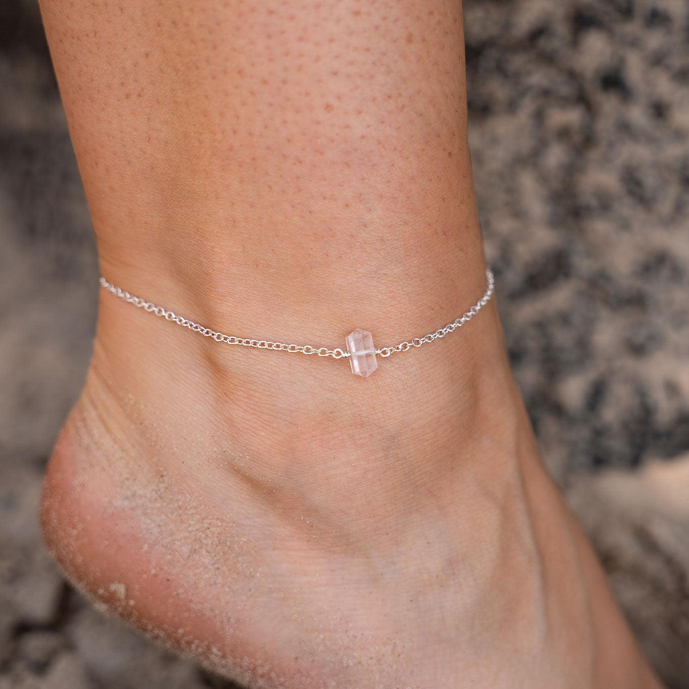 Rose Quartz Double Terminated Crystal Point Anklet - Healing Stone Bracelet for Women, Natural Gemstone Ankle Jewelry for Meditation, Yoga & Spiritual Energy - Perfect for Chakra Balancing & Positive Vibes