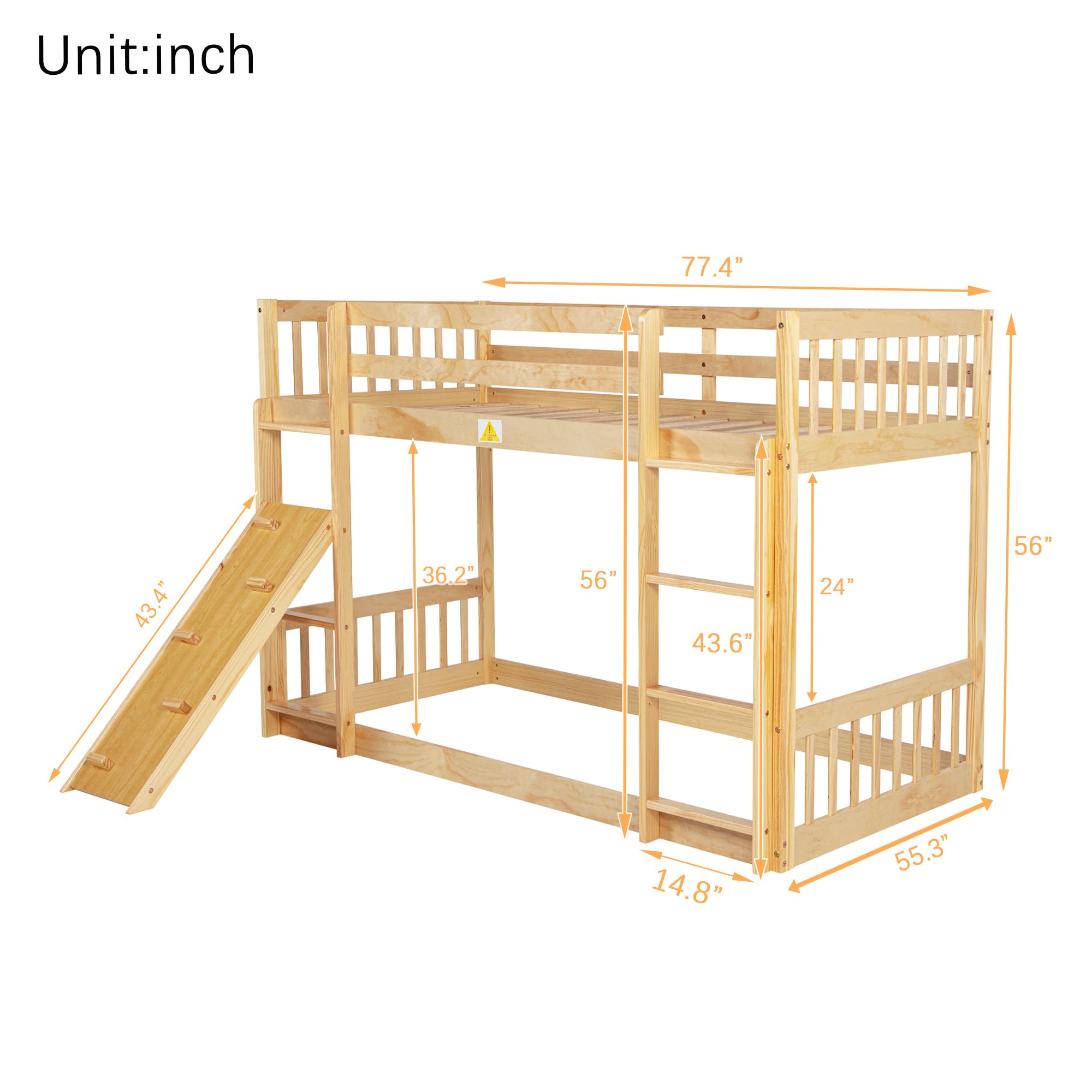 Harper & Bright Designs Twin Over Twin Bunk Bed with Climbing Ramp & Ladder - Safe Playhouse Floor Bunk Bed for Kids with Sturdy Guardrails - Natural Wood Finish - Perfect for Small Bedrooms, Shared Kids' Rooms & Sleepovers
