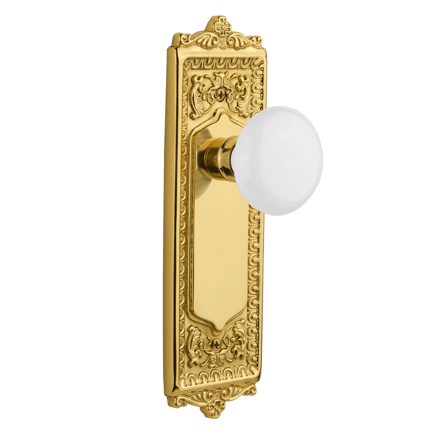 Vintage Egg & Dart Long Plate with White Porcelain Knob - Unlacquered Brass Cabinet Pull - Elegant Drawer Handle for Kitchen Cabinets, Bathroom Vanities & Furniture Restoration