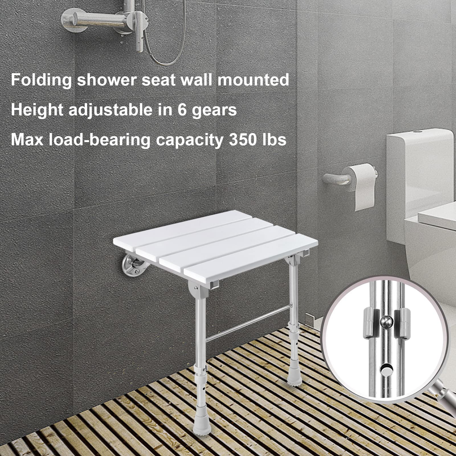 Foldable Wall Mounted Shower Seat with Adjustable Legs - Waterproof Wooden Shower Bench for Seniors & Small Spaces | Perfect for Bathroom Safety & Compact Shower Areas