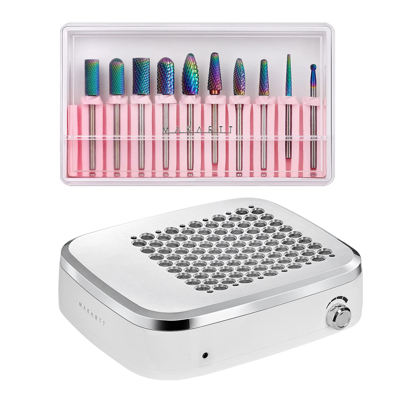 Makartt Professional Nail Drill Bits Set - 10Pcs Tungsten Carbide Bits with Rechargeable Nail Dust Collector & Vacuum Extractor Fan | Electric Manicure Pedicure Kit for Salon & Home Use