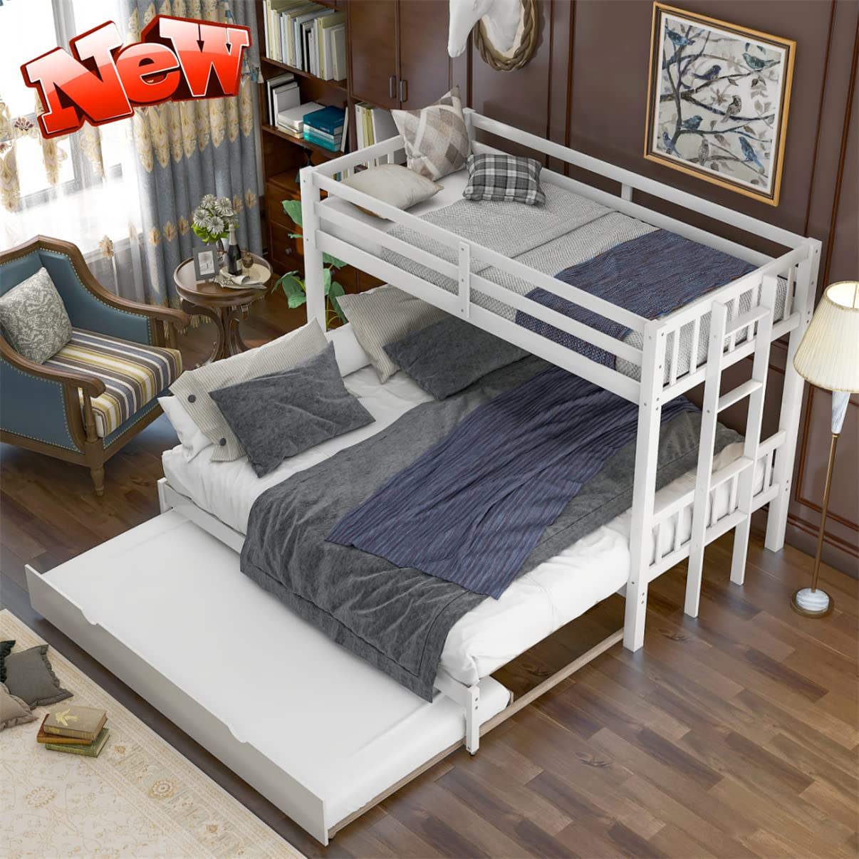 Sturdy Reinforced Wooden Twin Over Twin Bunk Bed with Trundle - Extendable to Twin Over 2 Twin Size - Thickened Solid Wood Construction - Pull-Out Design (White) - Perfect for Kids' Rooms, Guest Rooms & Space-Saving Solutions
