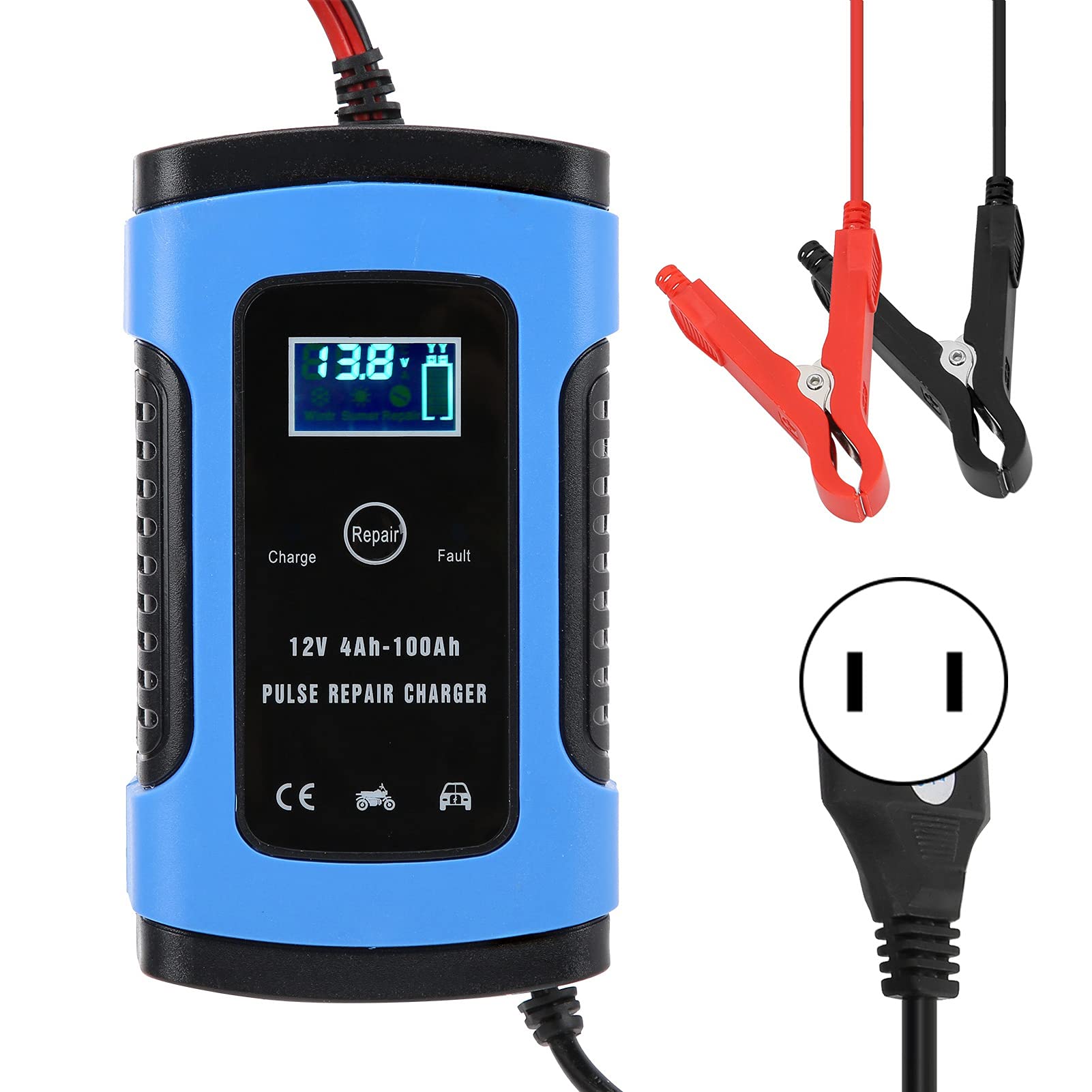 Aramox 12V/6A Smart Motorcycle & Car Battery Charger with Digital Display - 100-240V Automatic Repair Charger (US Plug) - Ideal for Garage, Roadside Emergencies & Vehicle Maintenance