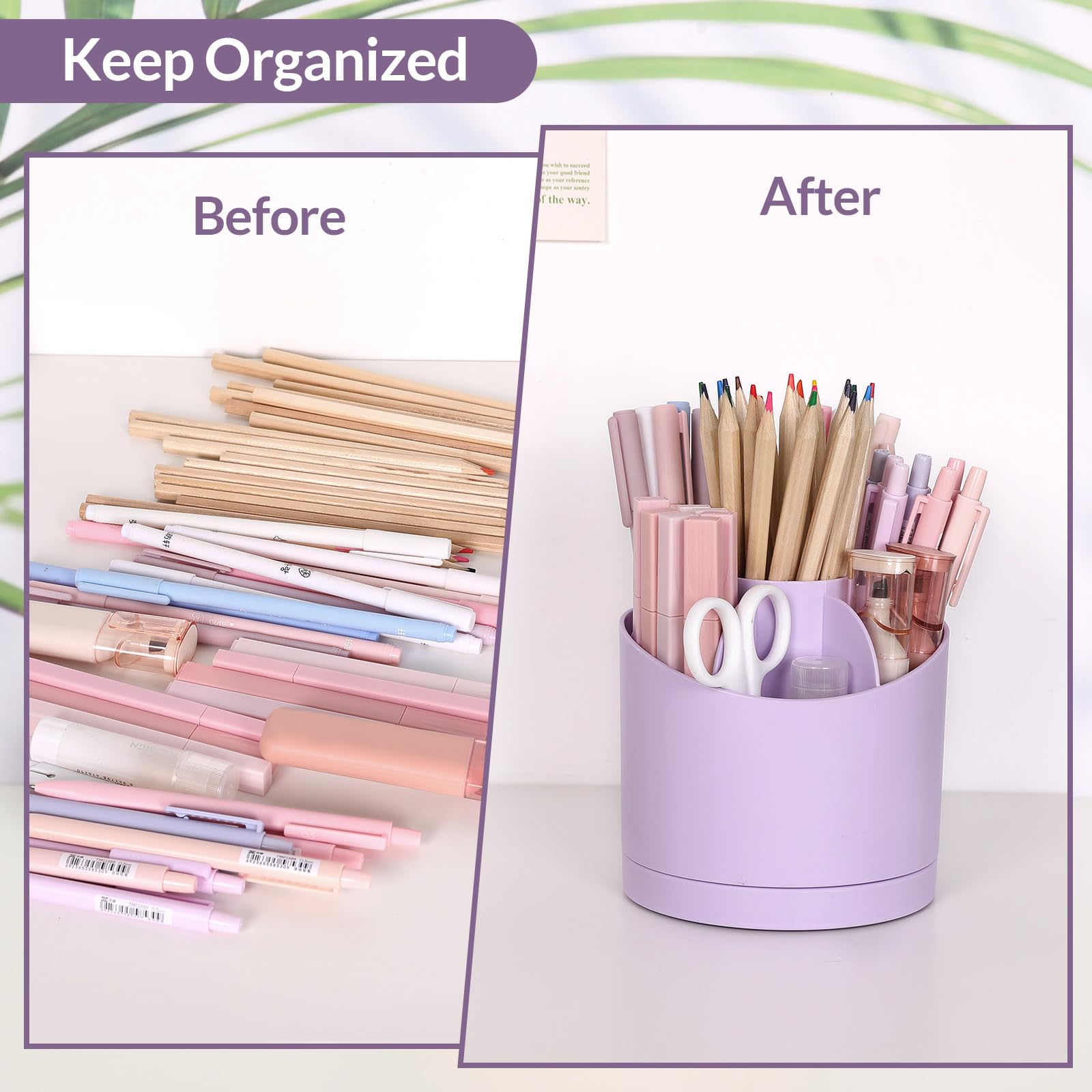 SKYDUE 360-Degree Rotating Desk Organizer with 7 Slots - Cute Purple Pen Holder for Pencils, Art Supplies & Office Accessories - Perfect for Classroom, Home Office & Workspace Organization