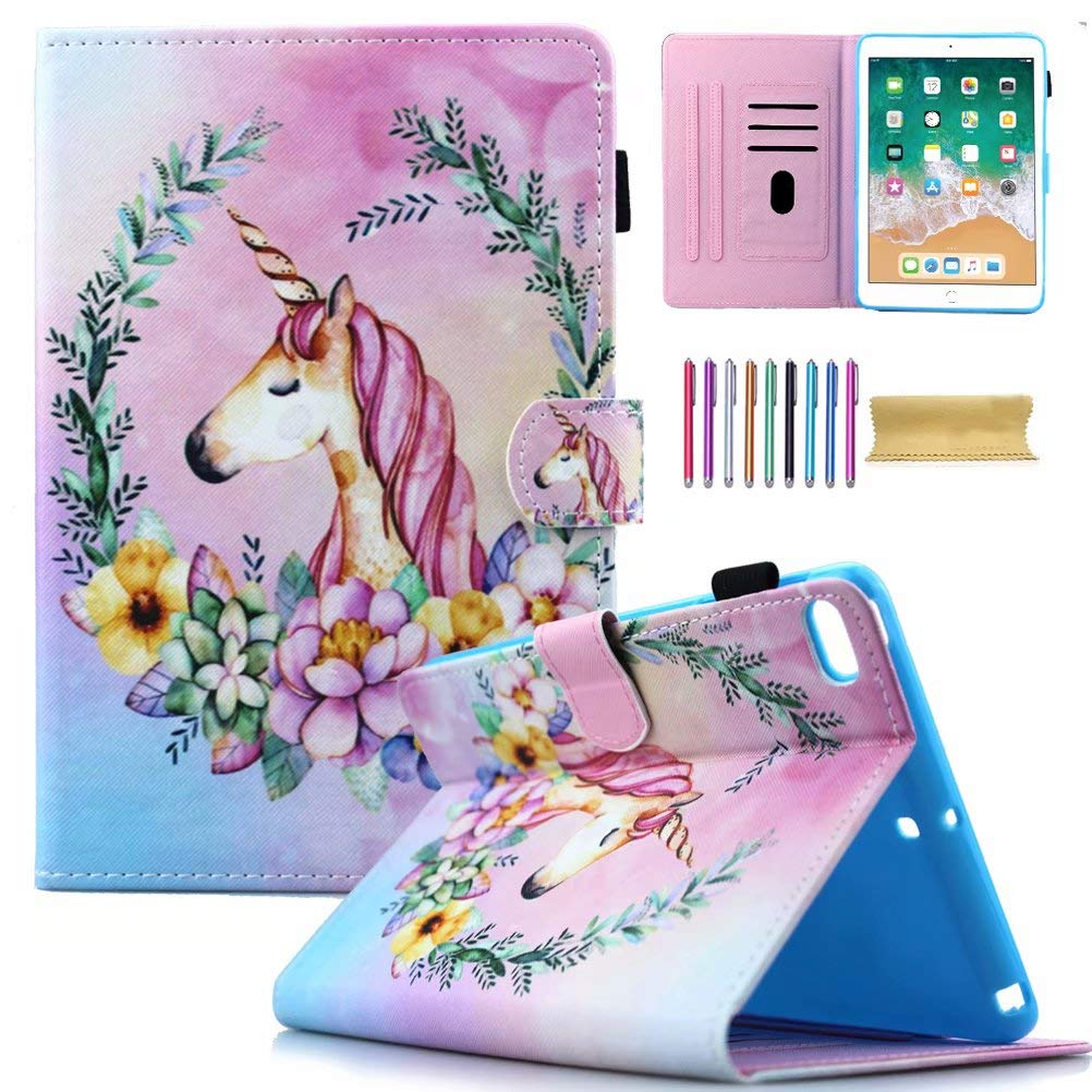 Premium PU Leather iPad Case - Compatible with iPad 9.7 (2018/2017 6th/5th Gen) & iPad Air 1/2 - Auto Sleep/Wake Smart Cover with Stand - Pink Unicorn Design - Perfect for Work, Travel & Home Use