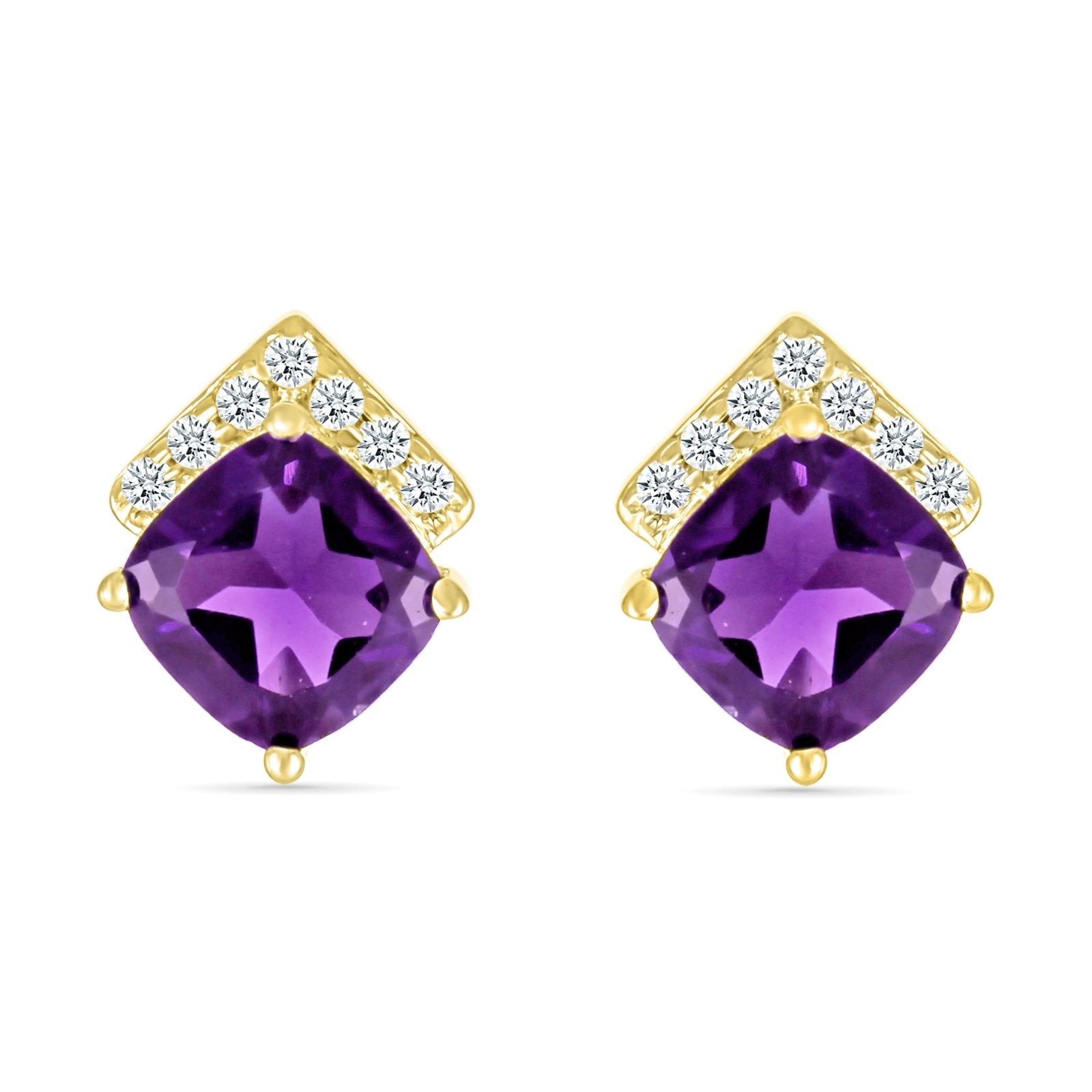 10K Yellow Gold Cushion Cut Amethyst Stud Earrings with White Sapphire Pave - Elegant Purple Gemstone Jewelry for Women, Perfect for Weddings, Parties & Everyday Wear