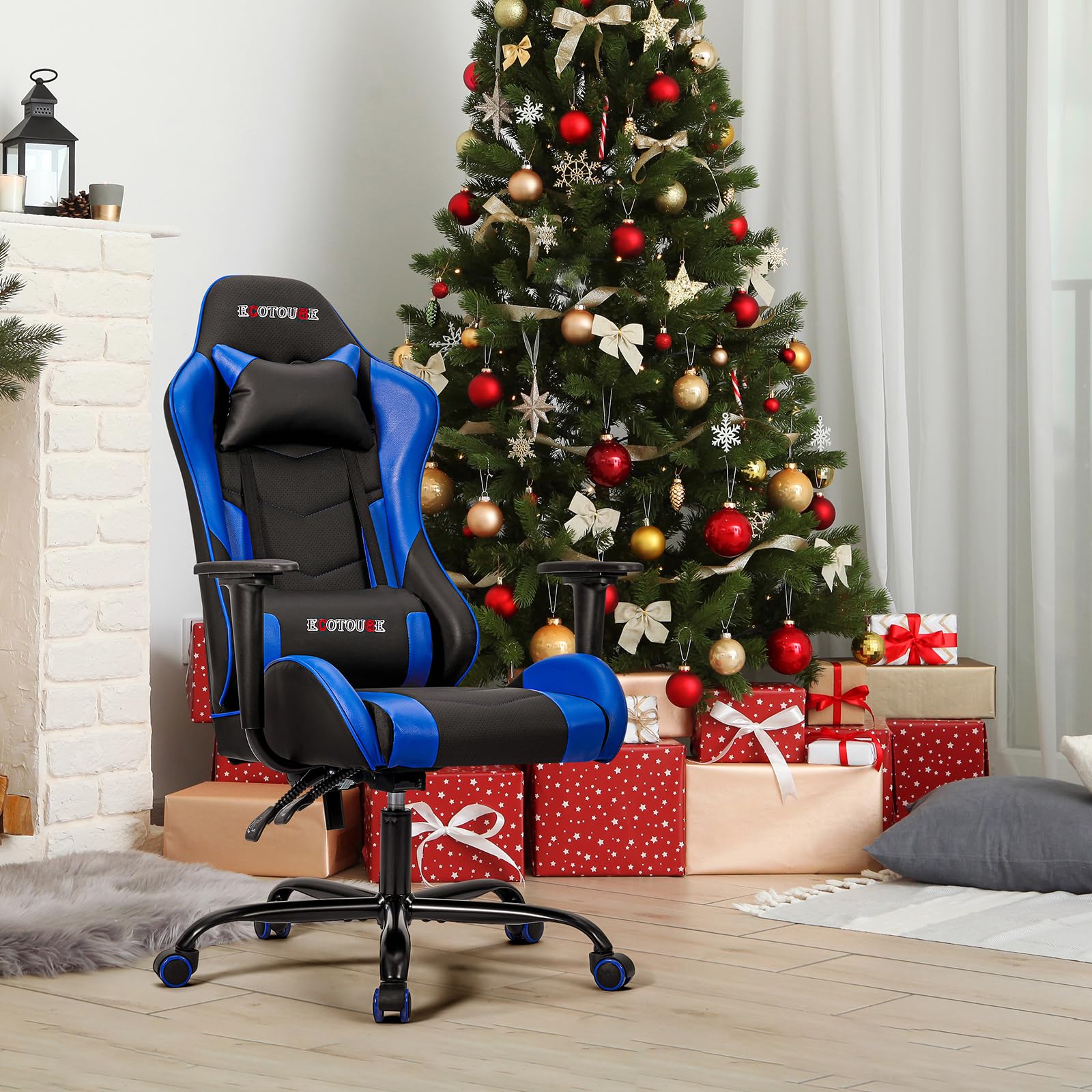 Premium ECOTOUGE Ergonomic Gaming Chair - Adjustable Headrest & Lumbar Massage Pillow - PU Leather Racing Style Office Desk Chair with 360° Swivel & Recliner - Black & Blue - Perfect for Esports, Streaming & Home Office Workstations