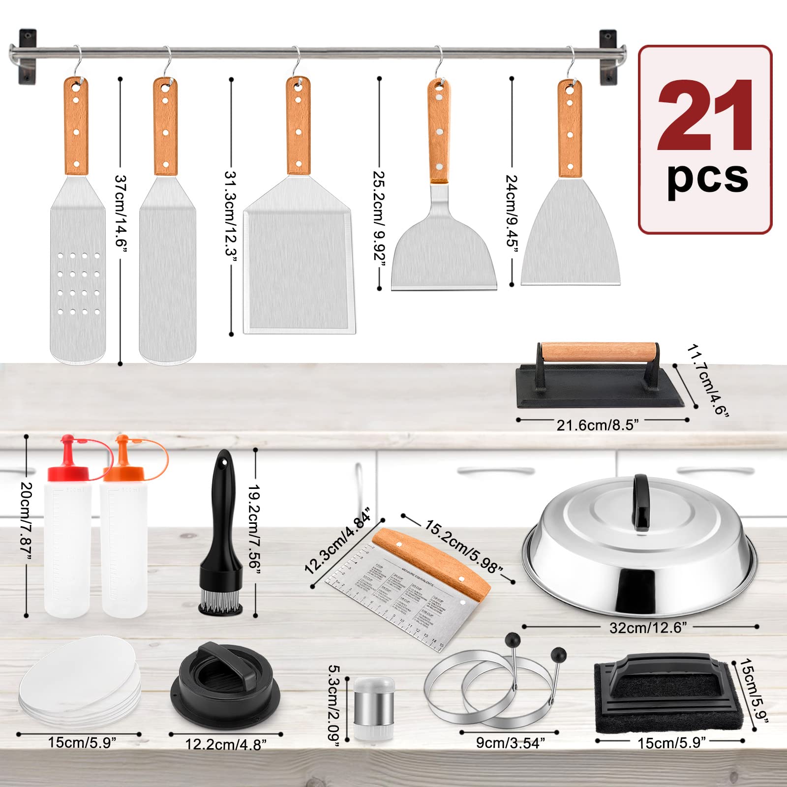 21Pcs Stainless Steel Griddle Accessories Kit - Leonyo Flat Top Grill Tools Set with Spatula, Melting Dome, Bacon Press, Burger Maker & Meat Tenderizer for Outdoor BBQ, Camping & Backyard Cooking