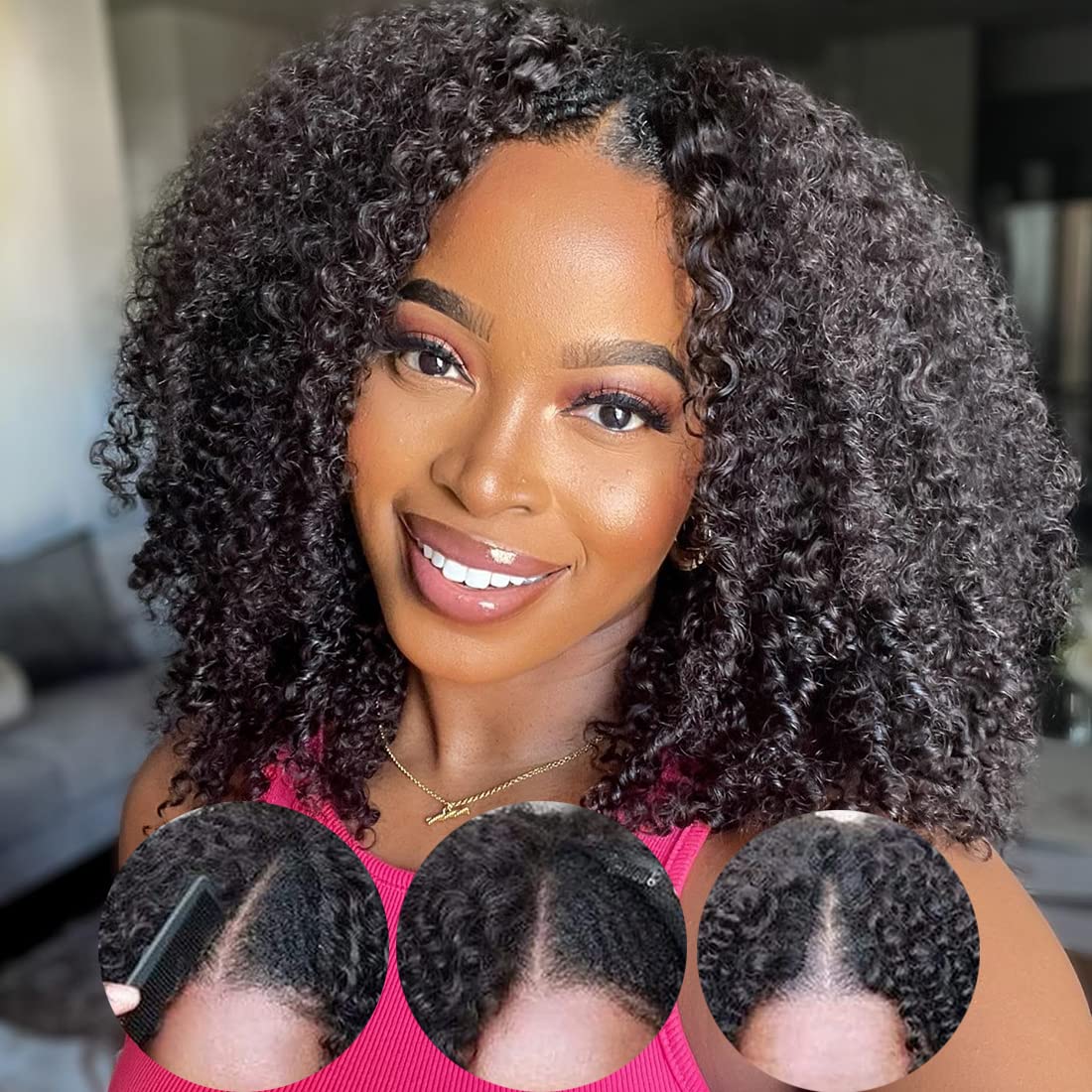 Nadula 10A Malaysian Kinky Curly Human Hair V-Part Wig - Glueless No Leave Out U-Part Wig for Black Women | 22 Inch Afro Curly Clip-In Half Wig | 150% Density Beginner Friendly Wig for Daily Wear & Special Occasions