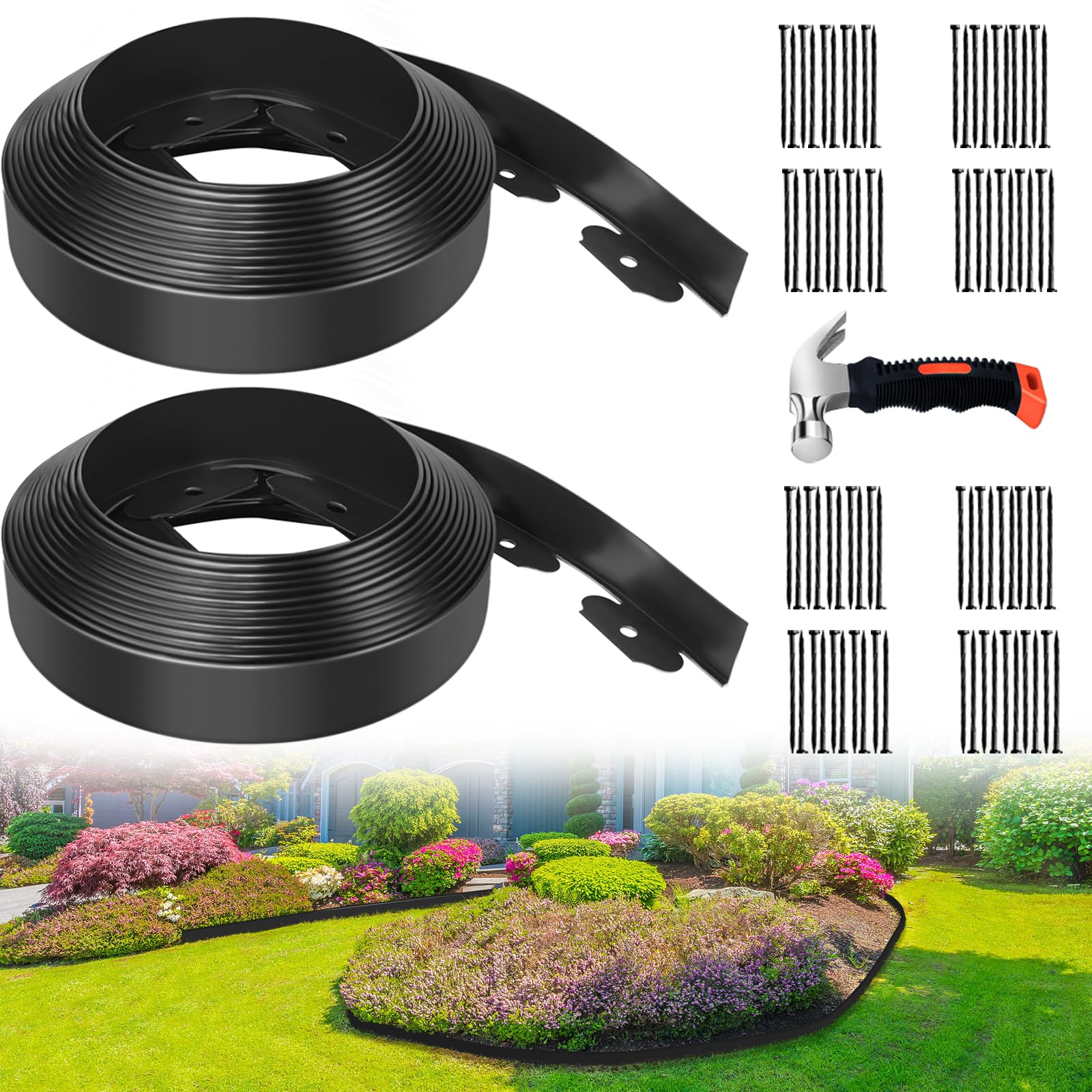 No Dig Landscape Edging 33FT - 2 Pack Heavy Duty Plastic Lawn Edging with 80 Spikes & Hammer, 2 Inch Tall Black Garden Border for Flower Beds, Pathways & Landscaping - Perfect for DIY Yard Projects & Professional Landscaping