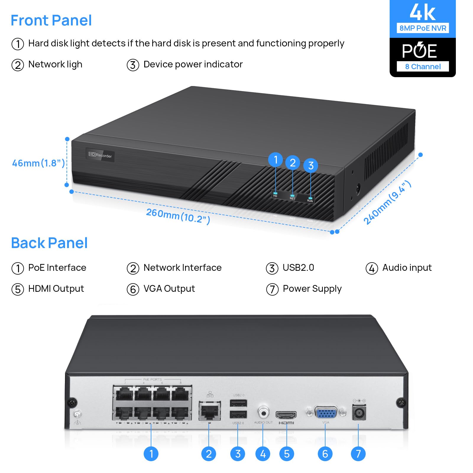 VIKYLIN 8CH 4K PoE NVR Security System - Supports 4K/5MP/4MP/3MP/1080p IP Cameras with Remote Access, Motion Detection & 24/7 Recording | 1 SATA Port for Up to 8TB HDD (HDD Not Included) | Ideal for Home Security & Business Surveillance